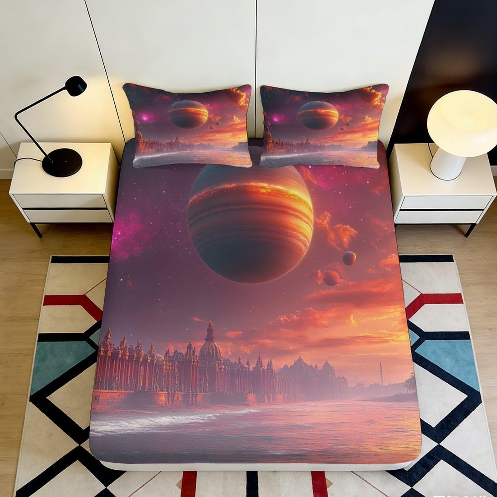 3D Printed Sunset Planet Fitted Sheet Microfiber Soft Breathable Cosmic Landscape Mattress Cover for Bedroom Dorm Decor 90x200x25cm
