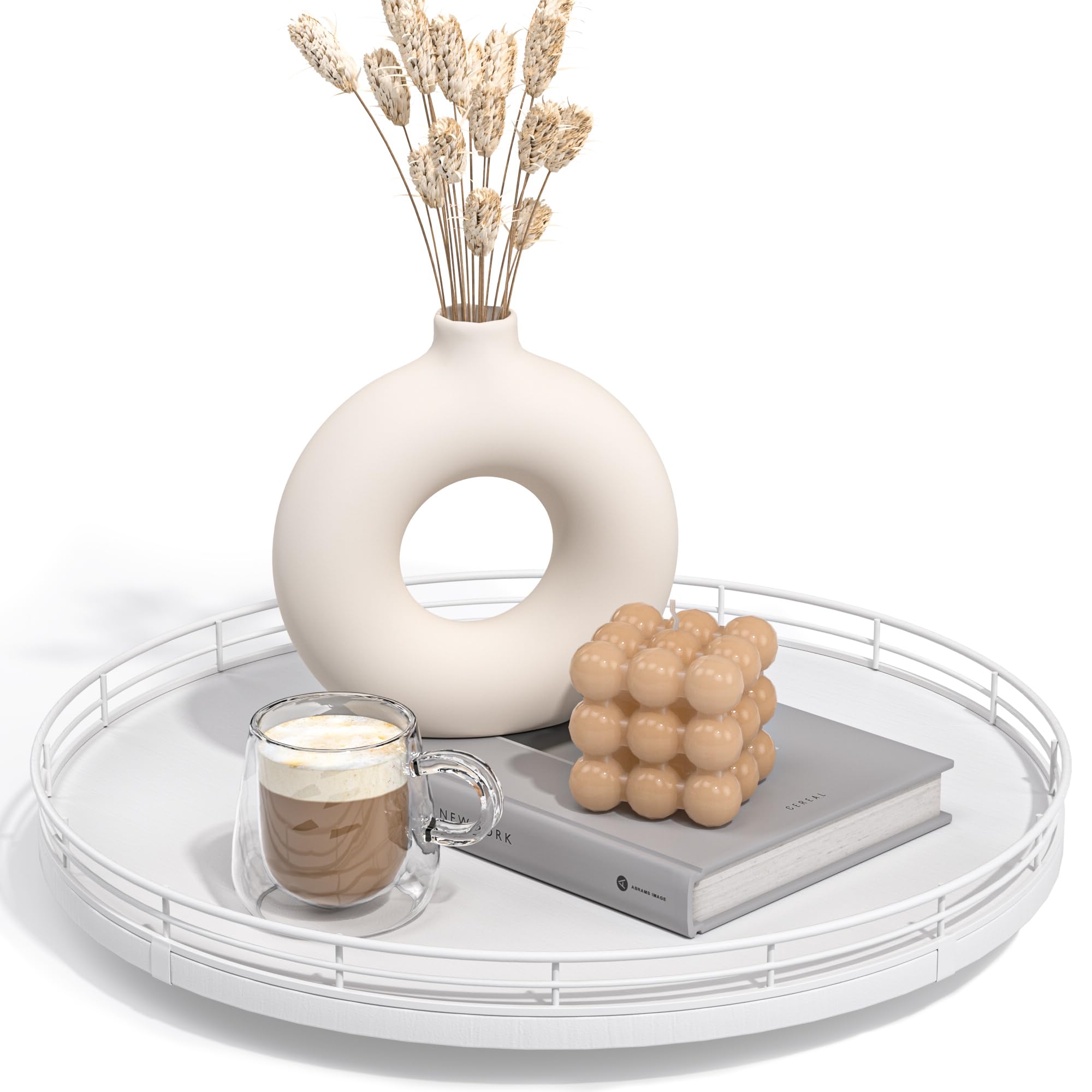 13-Inch Oak Decorative Tray for Coffee Table and Vanity, White Finish