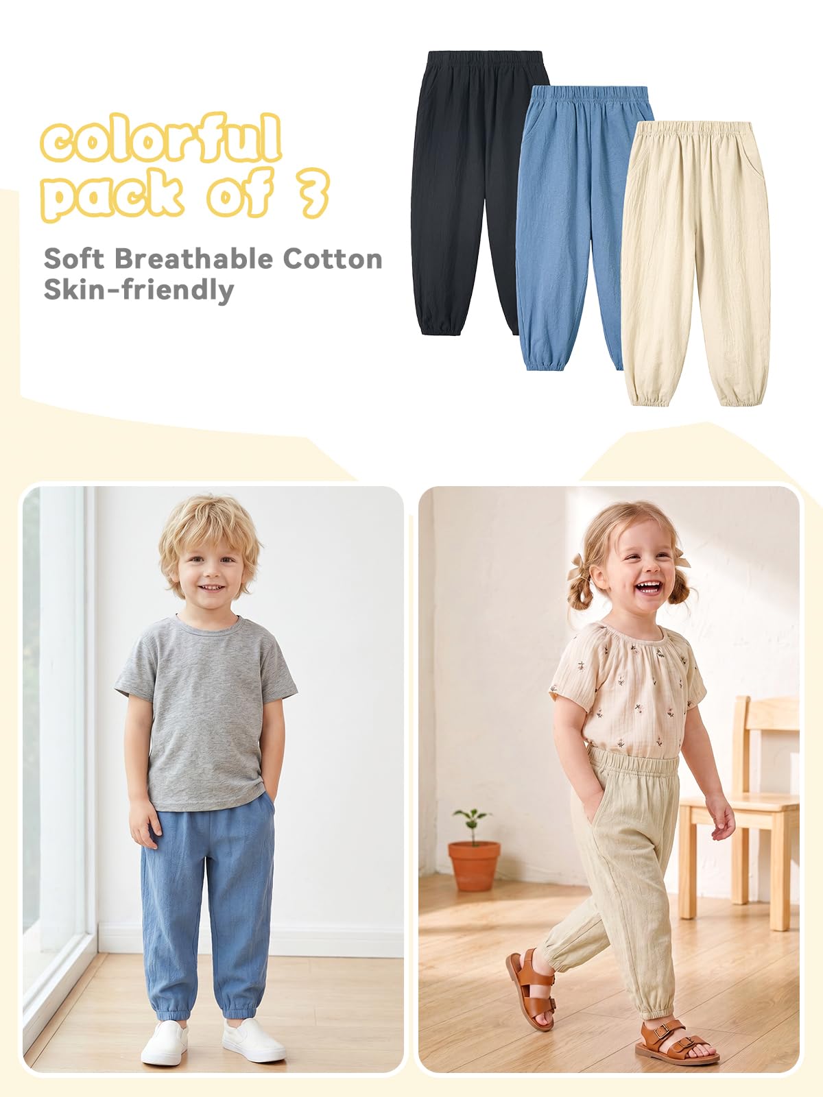 Miipat Pantalones Bebé Niña 3pcs Niño Pequeño Casual Pantalones Largos Niños Verano Suave Elástico Cintura