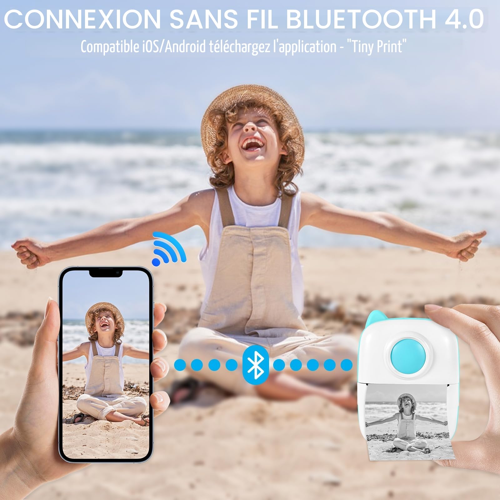 Mini Imprimante - Mini Imprimante Autocollant, Imprimante Photo Portable, Imprimante Thermique, Noir et Blanc Autocollant Maker pour Les étudiants, Cadeau de Noël, pour iOS & Android