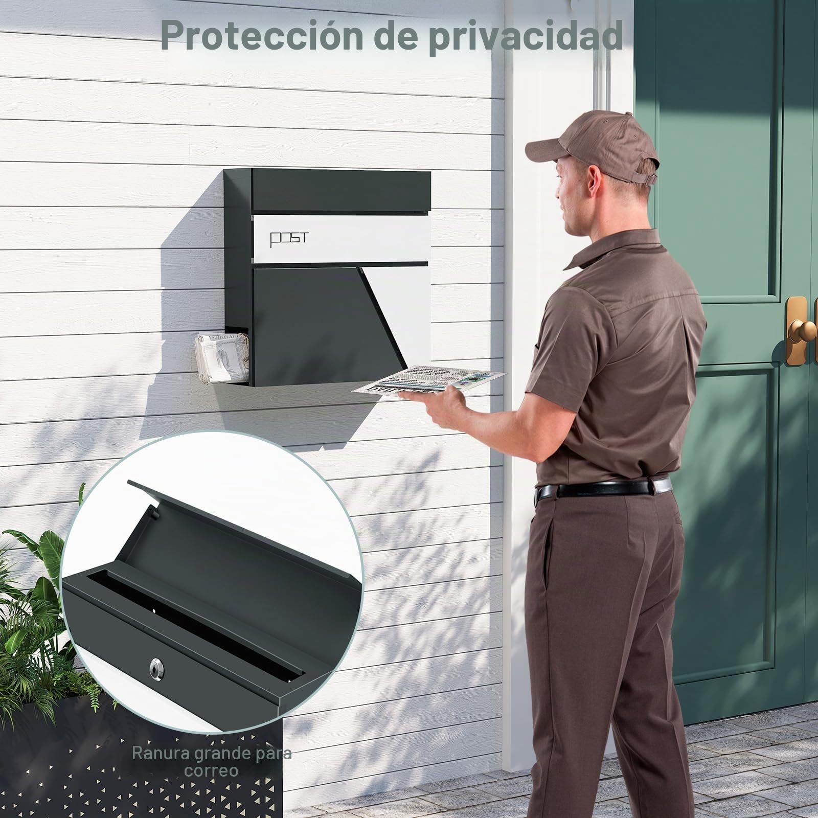 WOLTU Buzón de Correos, Buzon de Pared Moderno, Buzón Exterior de Aleación, Buzón Correo con 2 Llaves, Tapa Abatible y Zona para Periodicos, Antracita y Blanco, 37x10,5x37 cm,