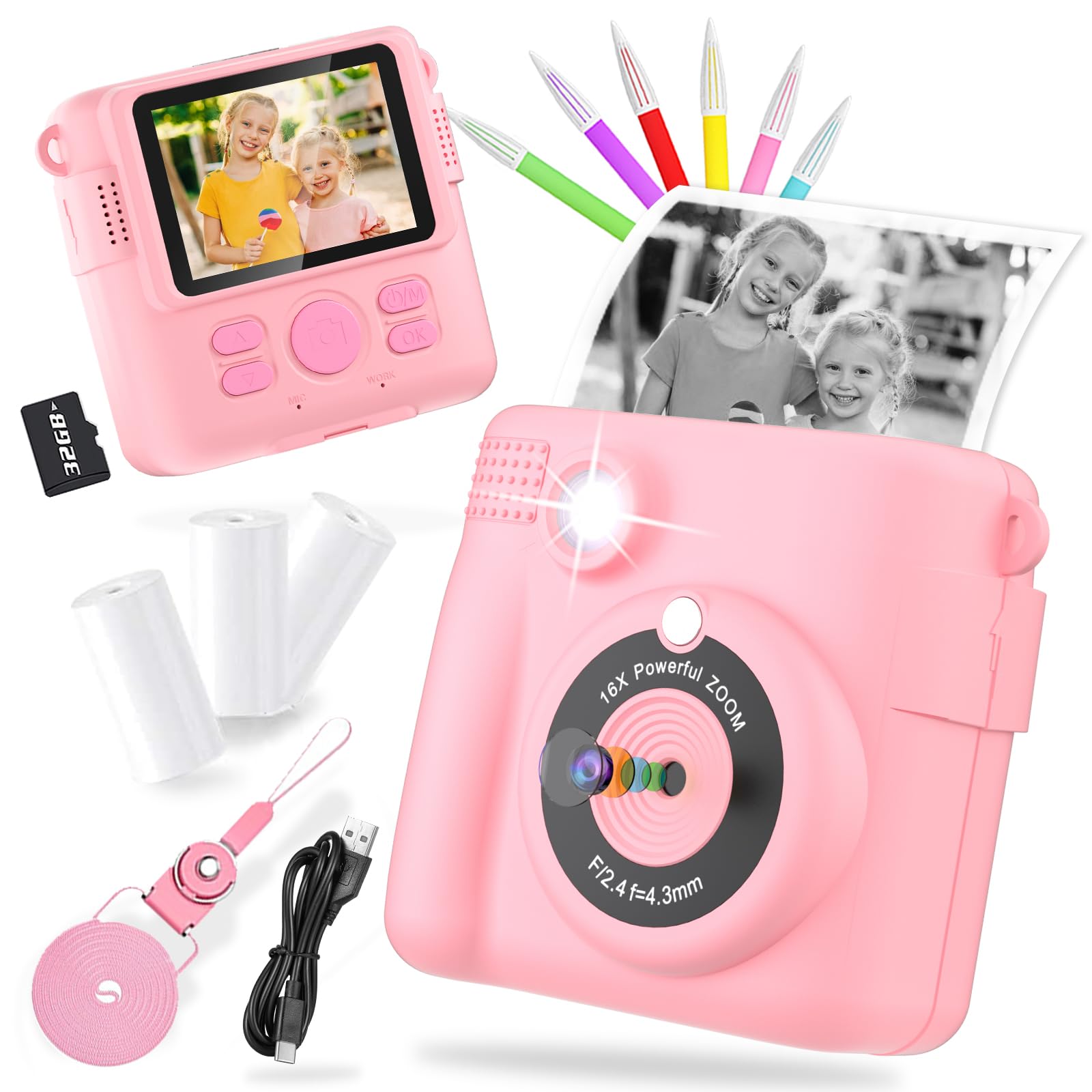Eveedo Camera Instant Print,Kid Camera Girls Toys Age 6-8 Year Old Boy Birthday Gifts,Zero Ink Printable Camera Instant Photos with 32GB SD Card 1080P Video MP3 Music Travel Game DIY Color Pens,Pink