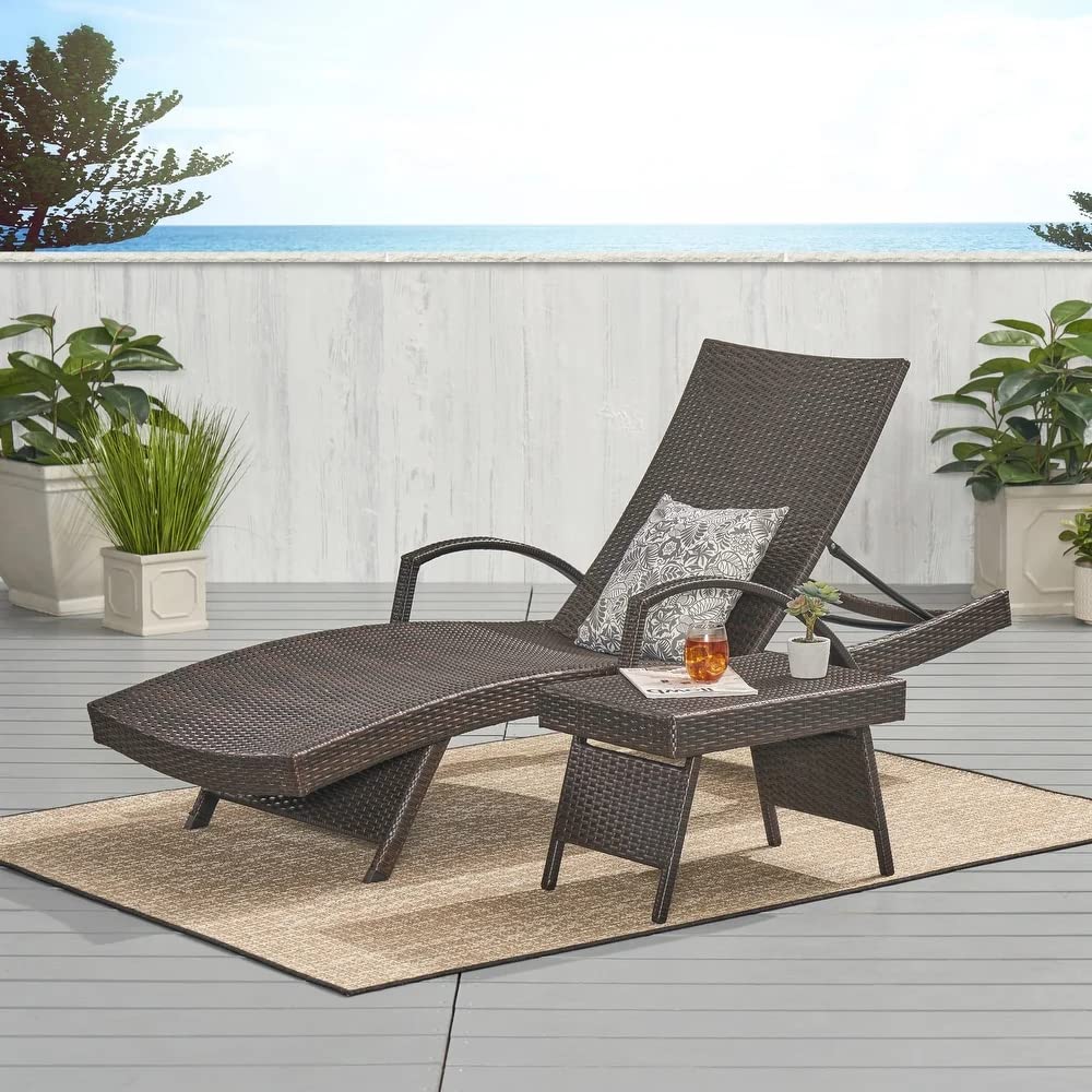 DEVOKO Outdoor Wicker Rattan Sunlounger Recliner with All Weather Furniture Side Table for Garden, Pool, Beach, Terrace, Balcony, Deck (Dark Brown)