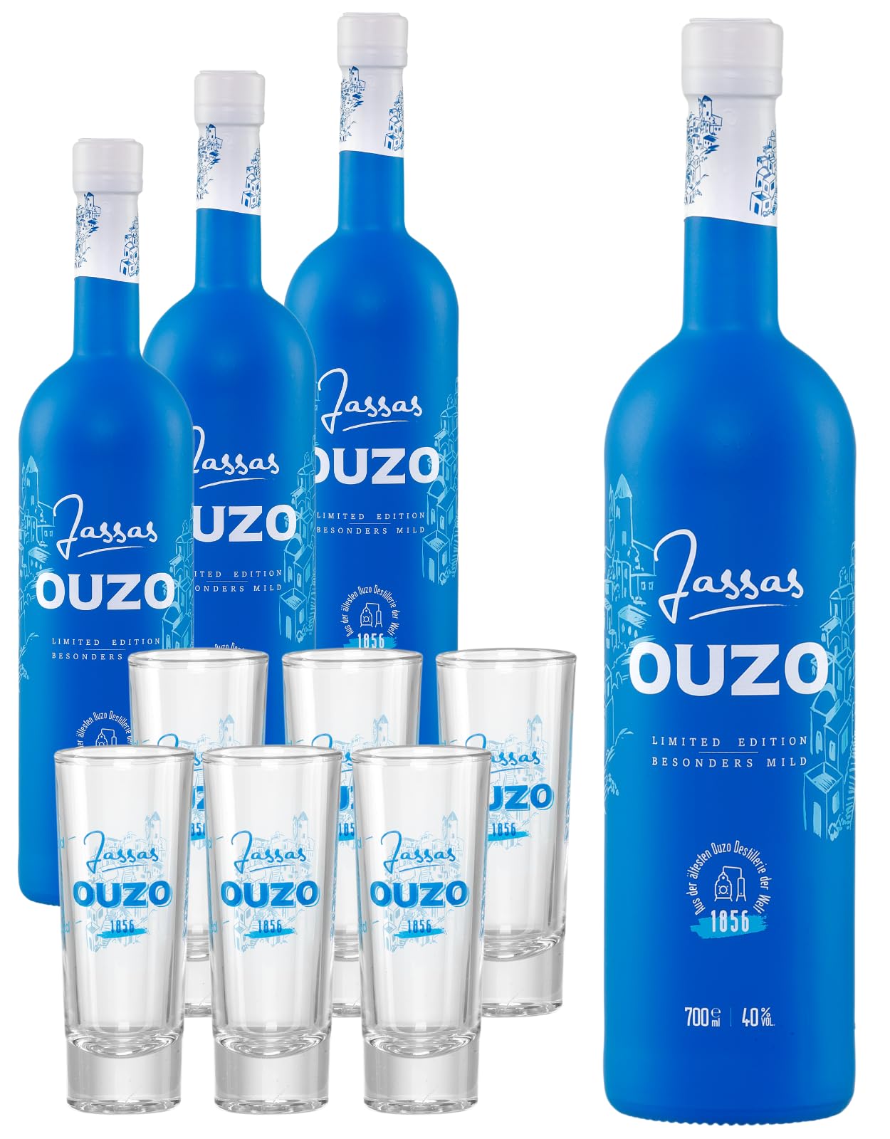Jassas Ouzo 40% 4x 0,7l + 6 Gläser | Besonders mild | Limited Edition | Älteste Ouzo Destillerie der Welt 1856