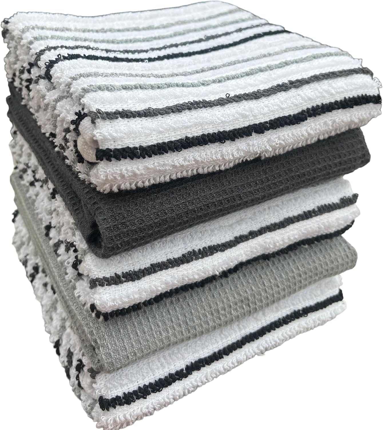 Poshliving Stripe Silver 5 Pack Terry Kitchen Tea Towels Cotton Super Absorbent Quick Drying Soft Towel Dish Cloths Striped, Stripe Grey Silver