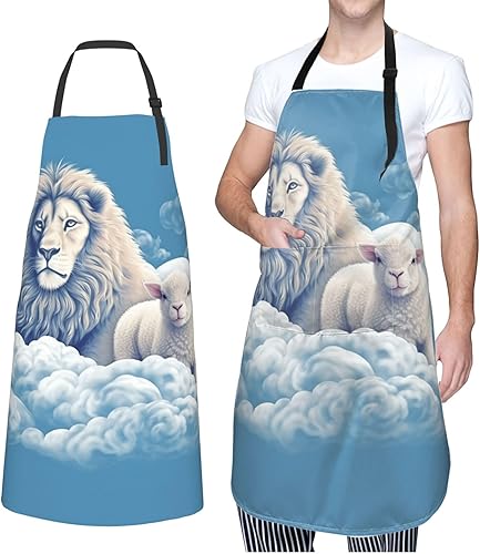 Miniatura 8 de Delantal ajustable con 2 bolsillos, delantal de cordero con un león en las nubes, delantal impermeable para lavavajillas para mujeres y hombres,