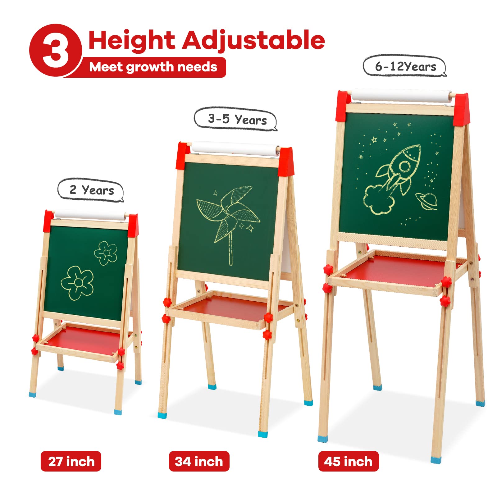 Sztaluga dziecięca 3 w 1, drewniana tablica z rolką papieru, dwustronna, z regulacją wysokości, tablica stojąca 68-114 cm, uniwersalna tablica dla dzieci z akcesoriami do malowania, tablica do