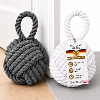 Set of 2 Decorative Door Stops Jute for Floor Door Holder Window Buffer Floor Stop Door Knots Nature Knitted (Jute Grey/White)