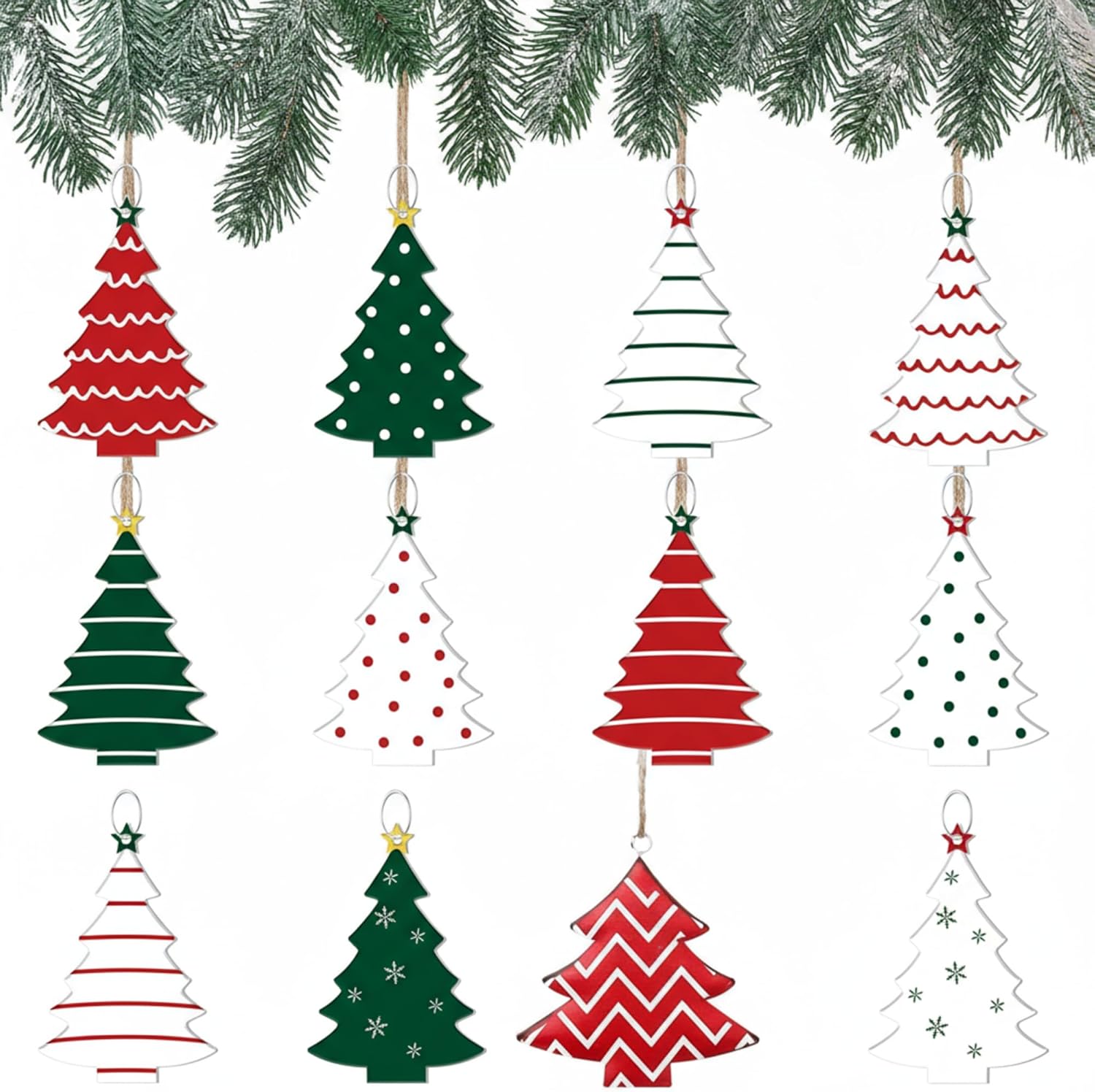 Therwen 12 Pcs Christmas Tree Ornaments Set Metal Red Green White Christmas Tree Shape Rustic Farmhouse Vintage Xmas Ornaments Hanging Decorations with Stripes and Polka Dots - Image 8