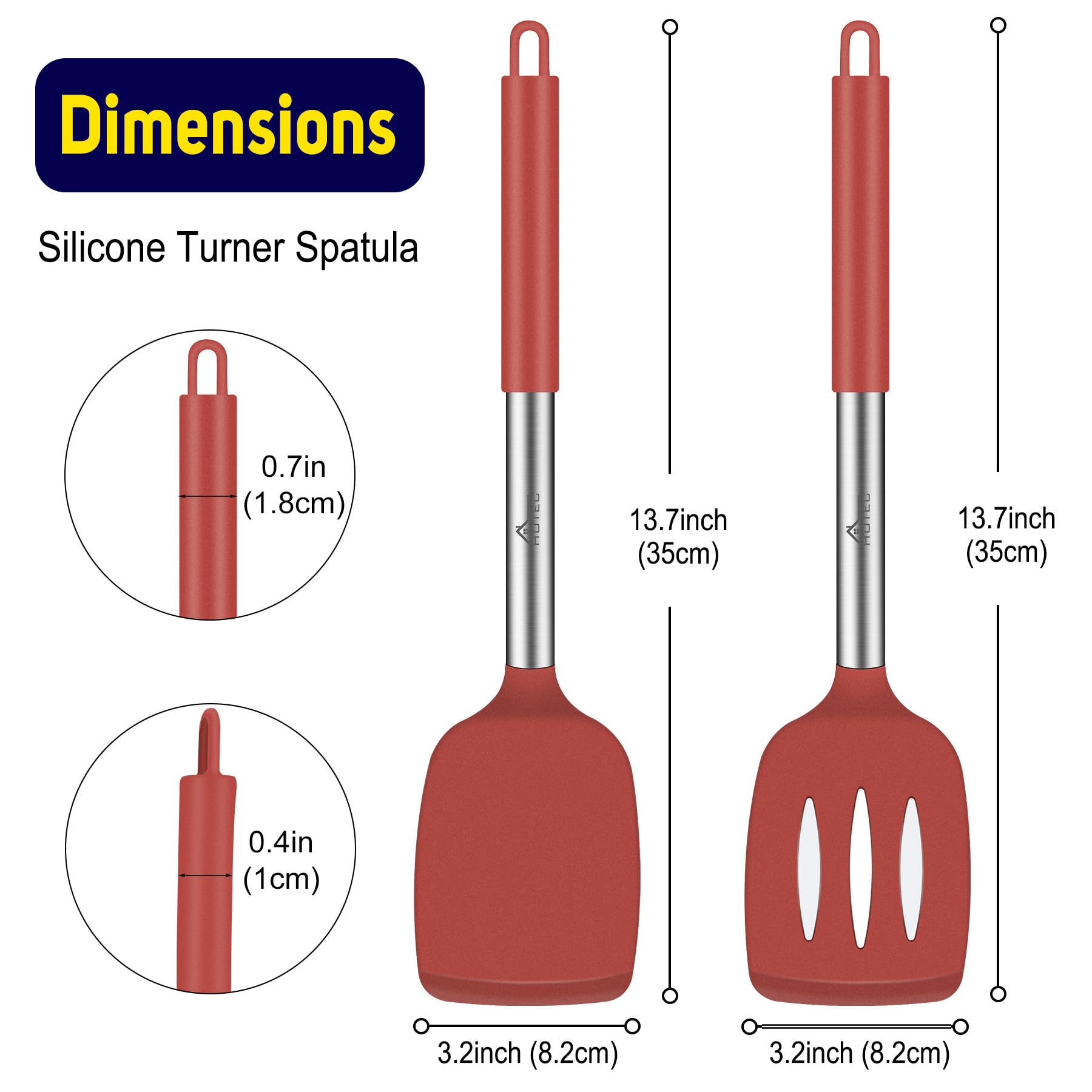 HOTEC Heat Resistant Silicone Solid Turner, Slotted Kitchen Spatulas set Cooking utensils (13.7inch Red)
