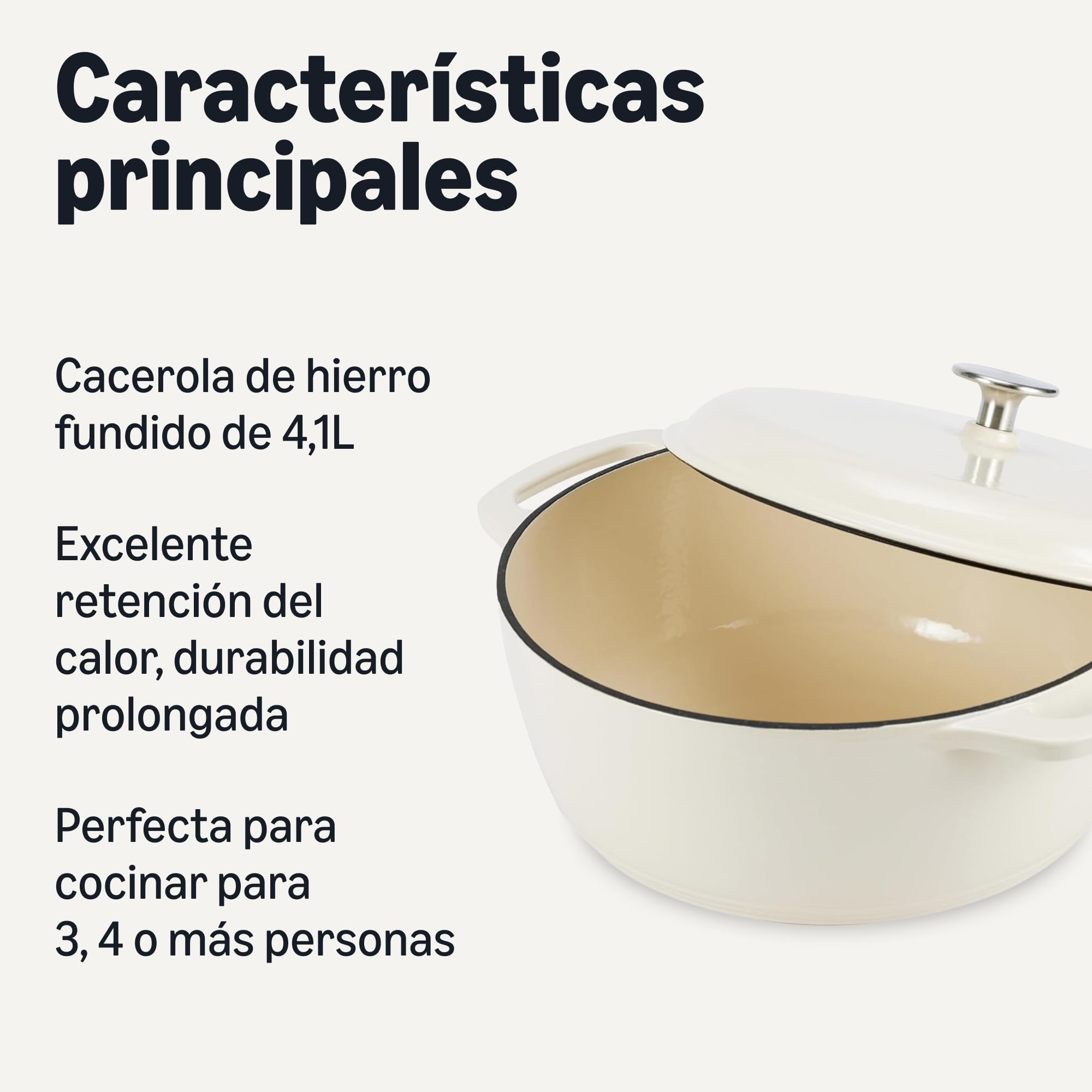 Amazon Basics Cazuela Redonda de Hierro Fundido Esmaltado con Tapa, 4,1 L, Blanco