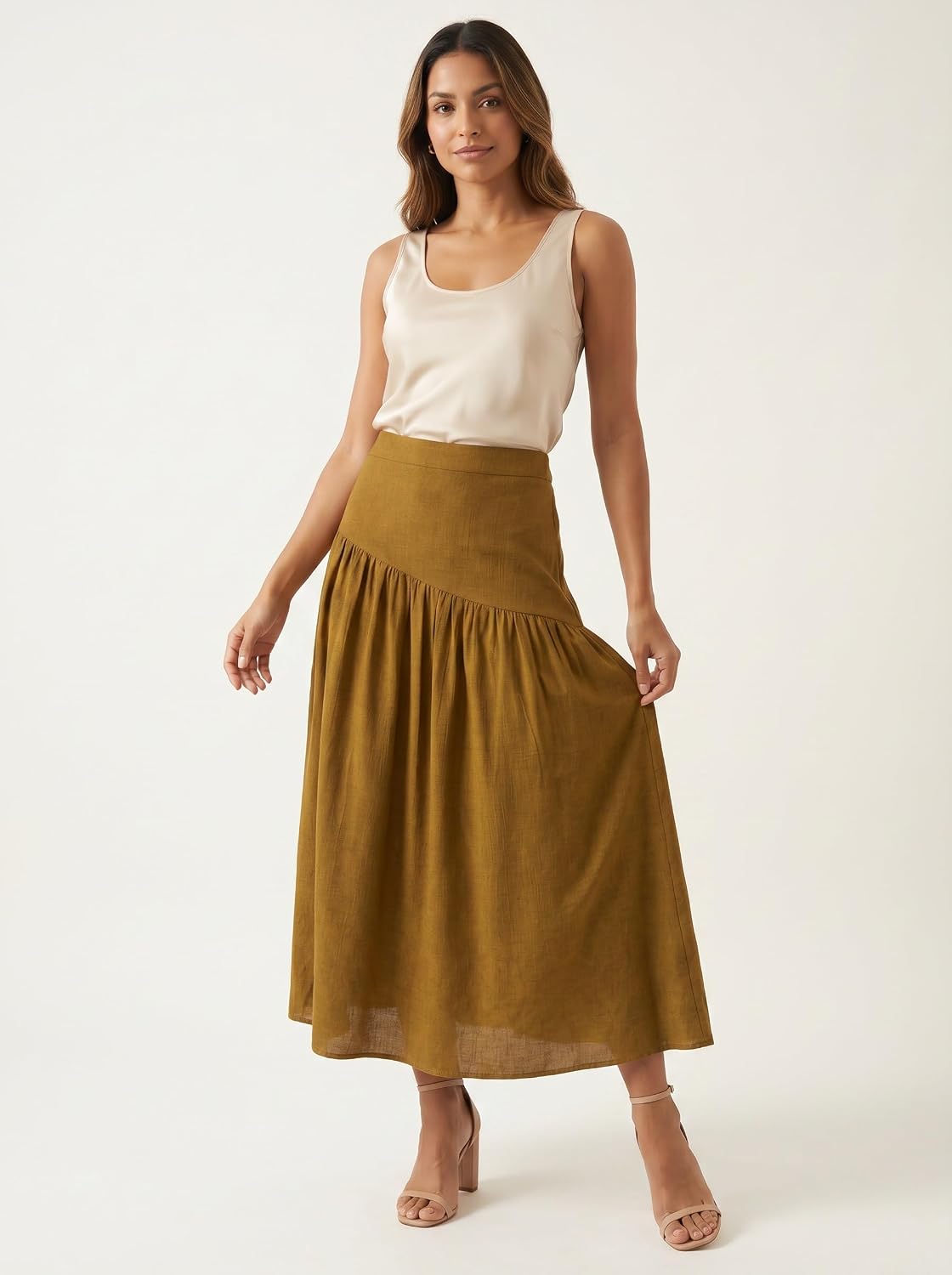 Moomaya Women’s Linen Blend Maxi Skirt | High Rise A-Line Long Skirt with Asymmetric Gathered Panel | Flared Hem for Casual
