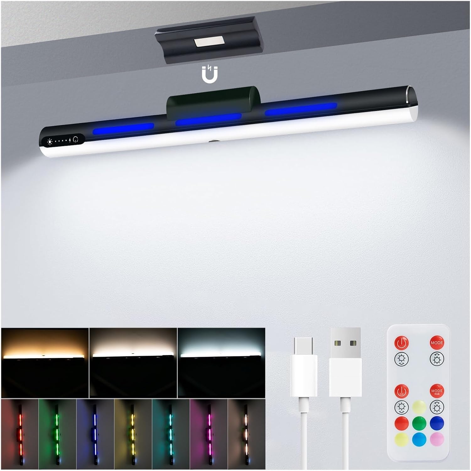 Magnetic LED Light for Mirror, Rechargeable Magnetic LED Light Bar with Remote, Adjustable Color Brightness & Angle Makeup Light, Magnetic Stick Light Bar for Desk Mirror Closet(Black)