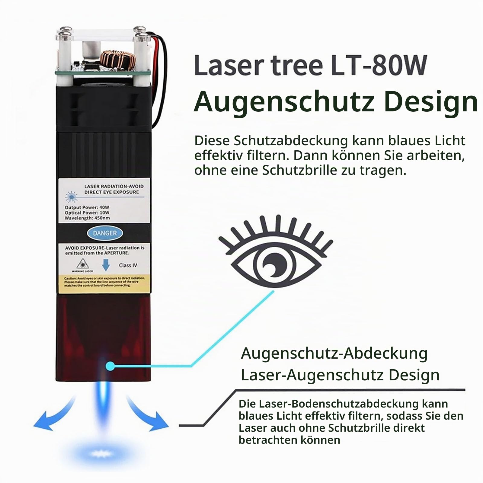 RATTMMOTOR 40W Lasermodul,10000 mW Optisches Leistungsmodul 450nm Wellenlänge High Power Kompressed Spot Laser Kopf Für 3020 4030 CNC Fräsmaschine DIY Gravur Holz Metall