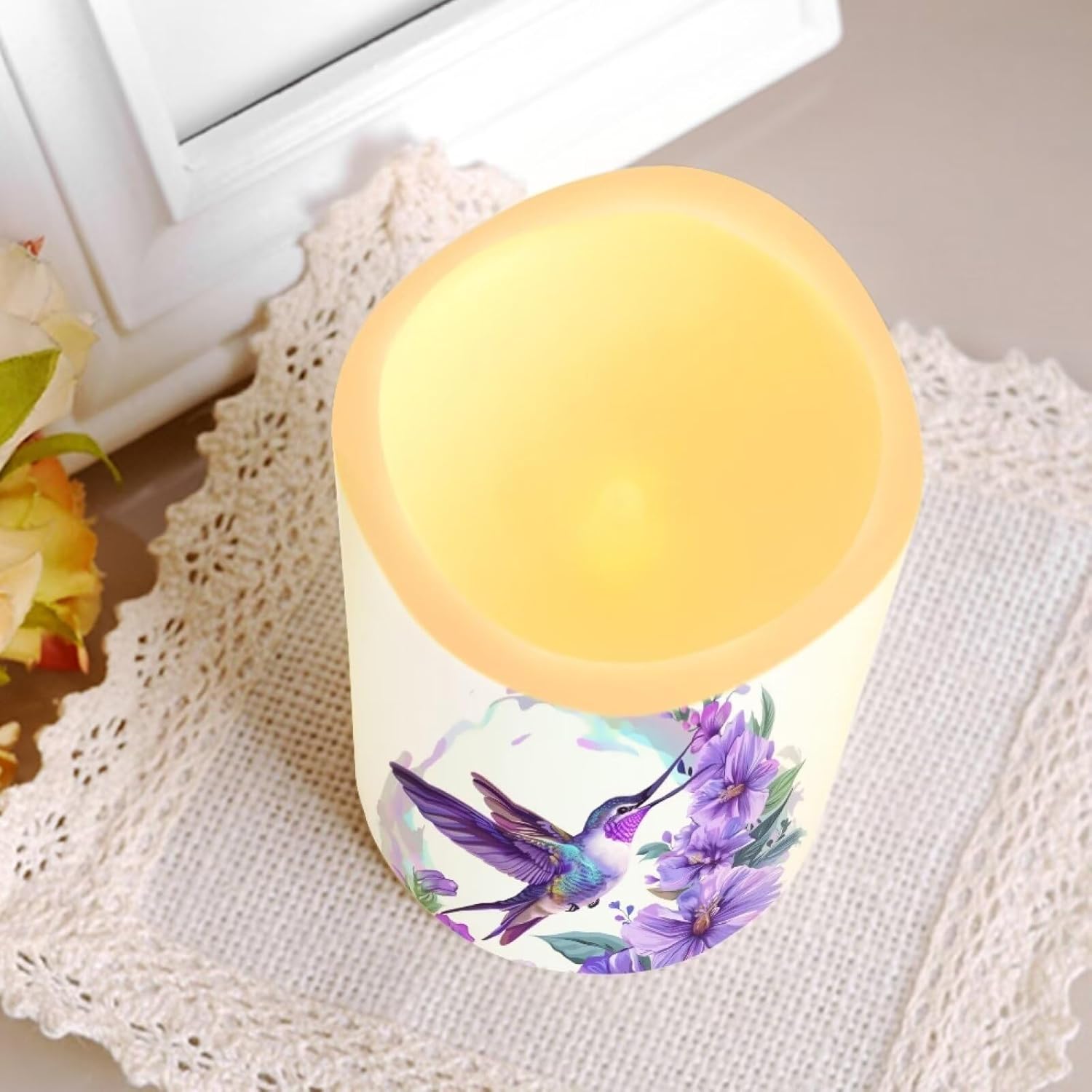 Purple Hummingbird Pillar Candles Bulk Led Flameless Battery Operated Candles with Timer Remote Color Changing Electric Fake Candles for House Warming Home Decorations Set of 4
