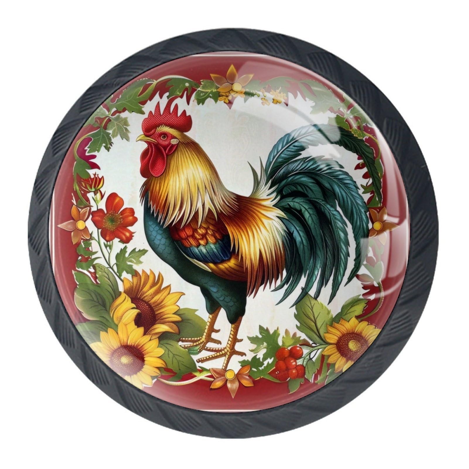 KikandKo 4 Pieces 35MM Rooster Sunflowers Drawer Knobs - Black Glass Pulls for Kitchen Cabinet, Dresser, Bathroom Hardware