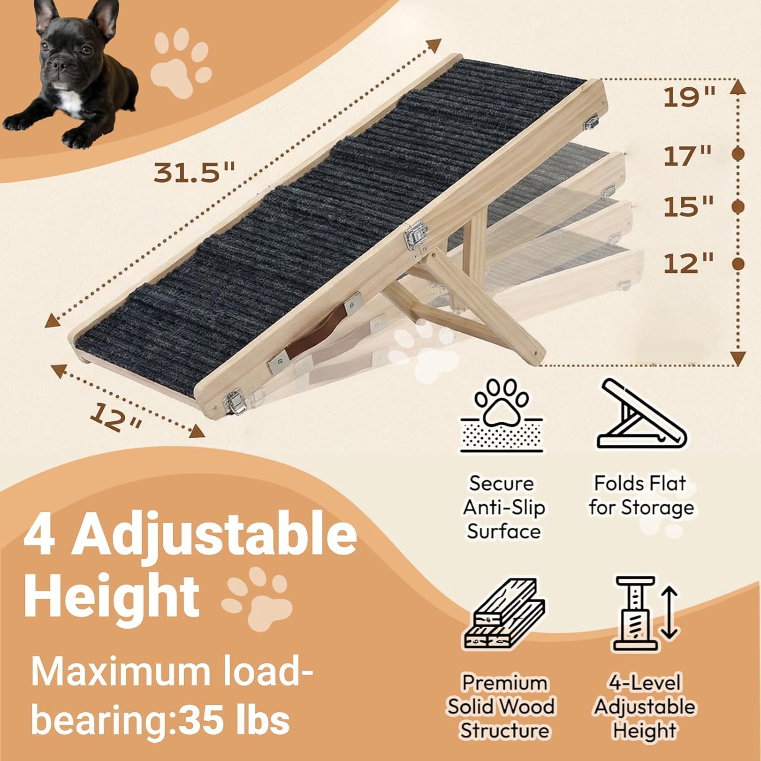 Dog Ramp for Couch & Bed for Small Dogs, Foldable Small Dog Ramps for Sofa - 31.5" LX12 W, 4 Adjustable Height, Portable, Stable, Non-Slip, Carry Handle, Wood