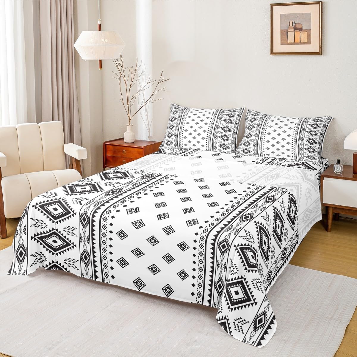 America Southwest Sheet Set King Size,Aztec Tribal Style Bedding Set,Black White Stripes Bed Sheet Kids Girls Women Adult Room Decor Vintage Rustic Farmhouse Fitted + Flat Sheet,2 Pillowcases