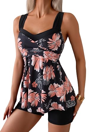 B2prity Tankini Swimsuits for Women Tummy Control Two Piece Modest Bathing Suits Floral Skirt Top with Boyshorts