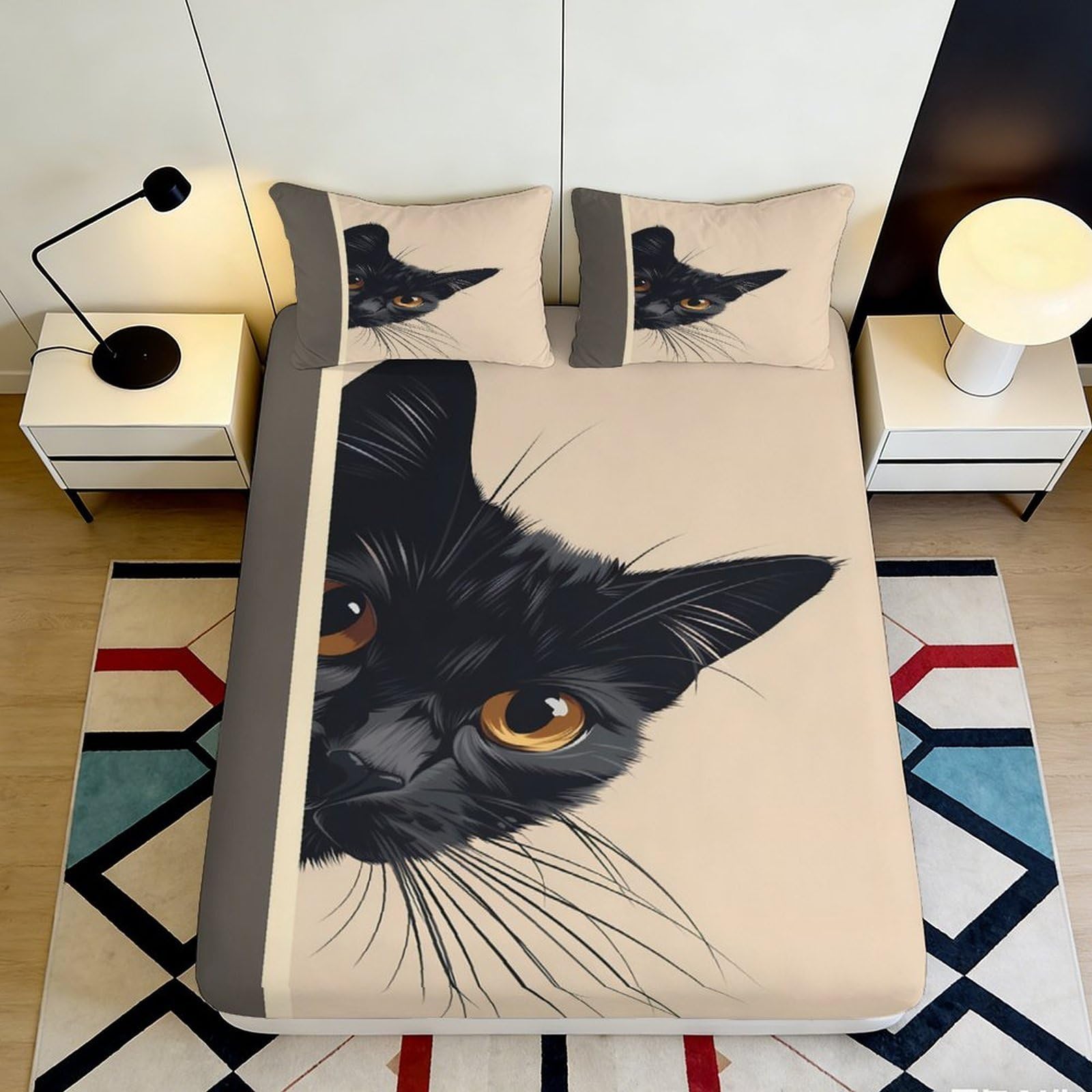 3D Printed Black Cat Fitted Sheet Microfiber Soft Breathable Cartoon Cat Mattress Cover for Bedroom Dorm Decor 90x200x25cm