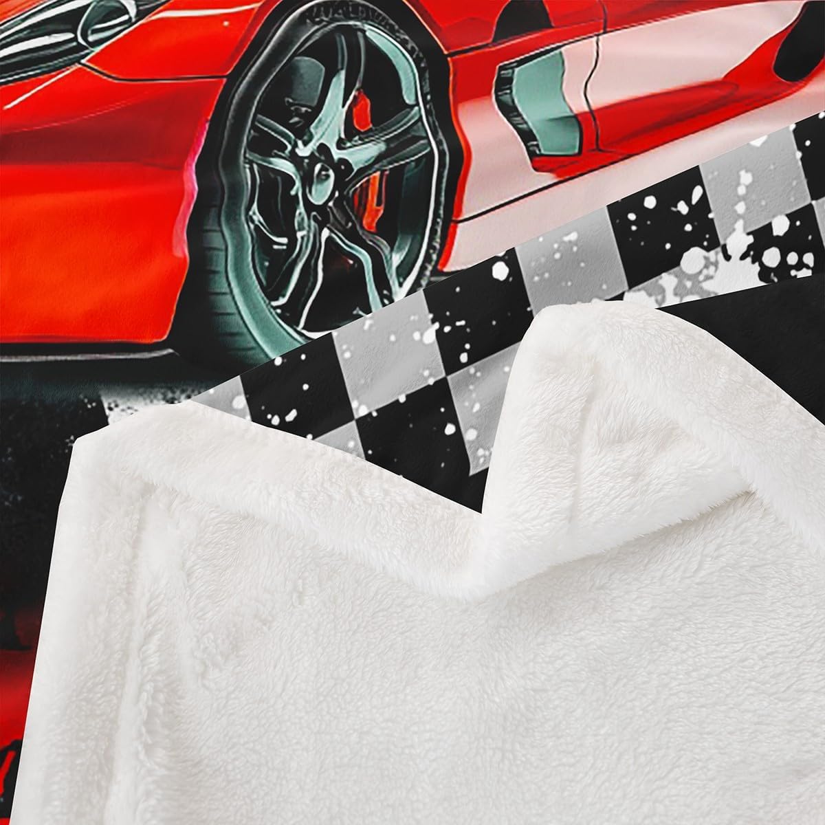 Boys Red Race Car Fleece Flannel Blanket,Speed Sports Car Bed Blanket for Bed Sofa Couch,60"x80",Fast and Furious Bed Plush Blanket,Geometric Checker Track Lightweight Blanket