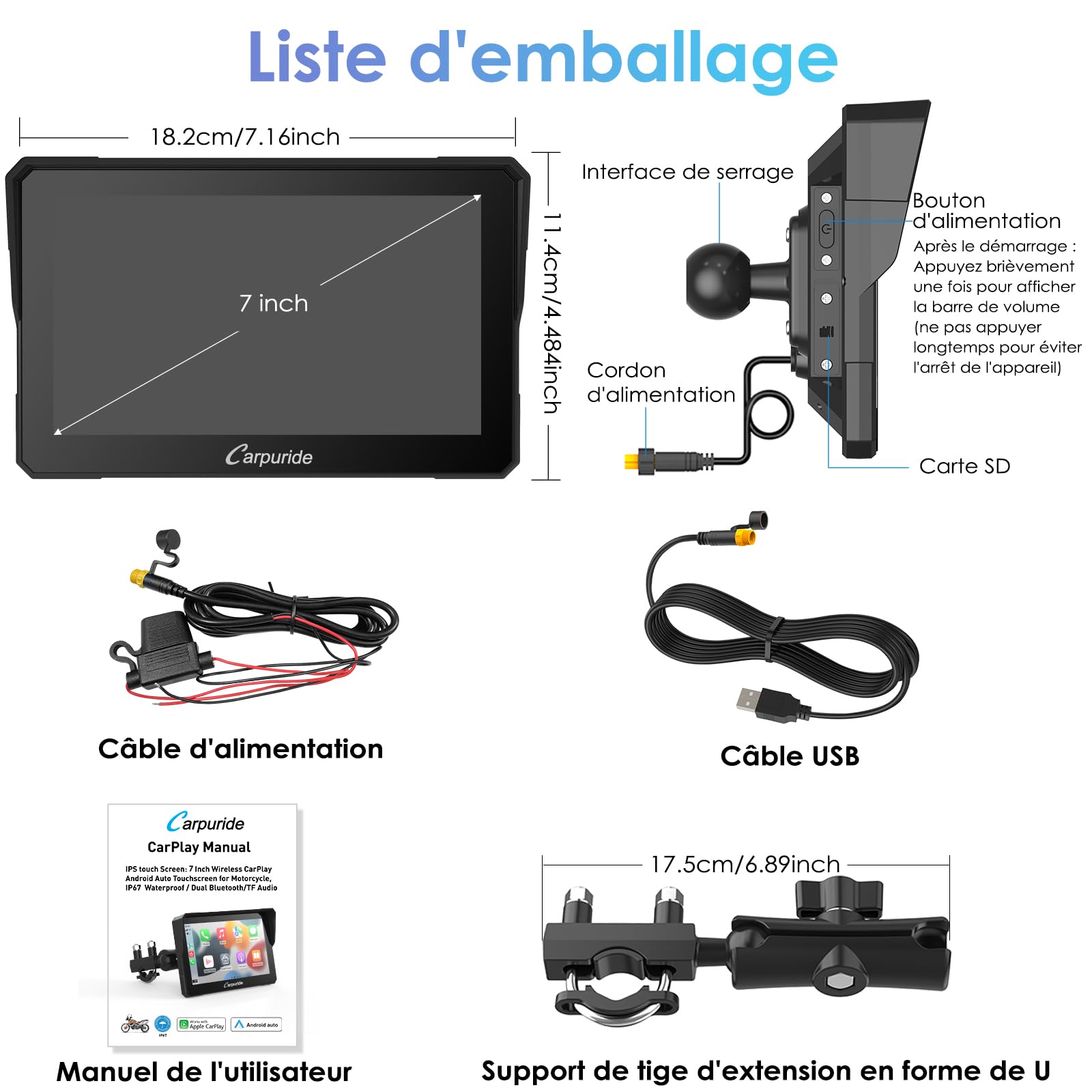 Carpuride W702 Écran GPS Carplay pour Moto, CarPlay sans Fil & Android Auto, Écran Tactile Étanche 7", Double Bluetooth, Navigation, Siri, Béquille Moto réglable en Forme de U