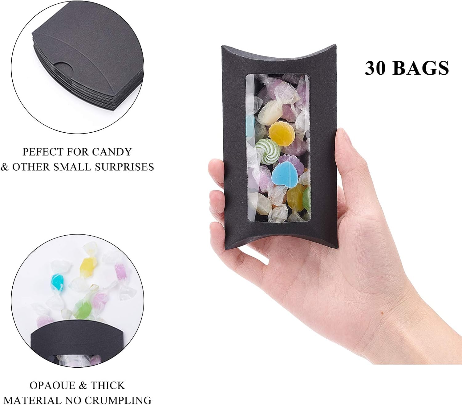 BENECREAT 30PCS 12.5x7.5x4cm Black Kraft Paper Pillow Boxes with Clear Window - Image 4