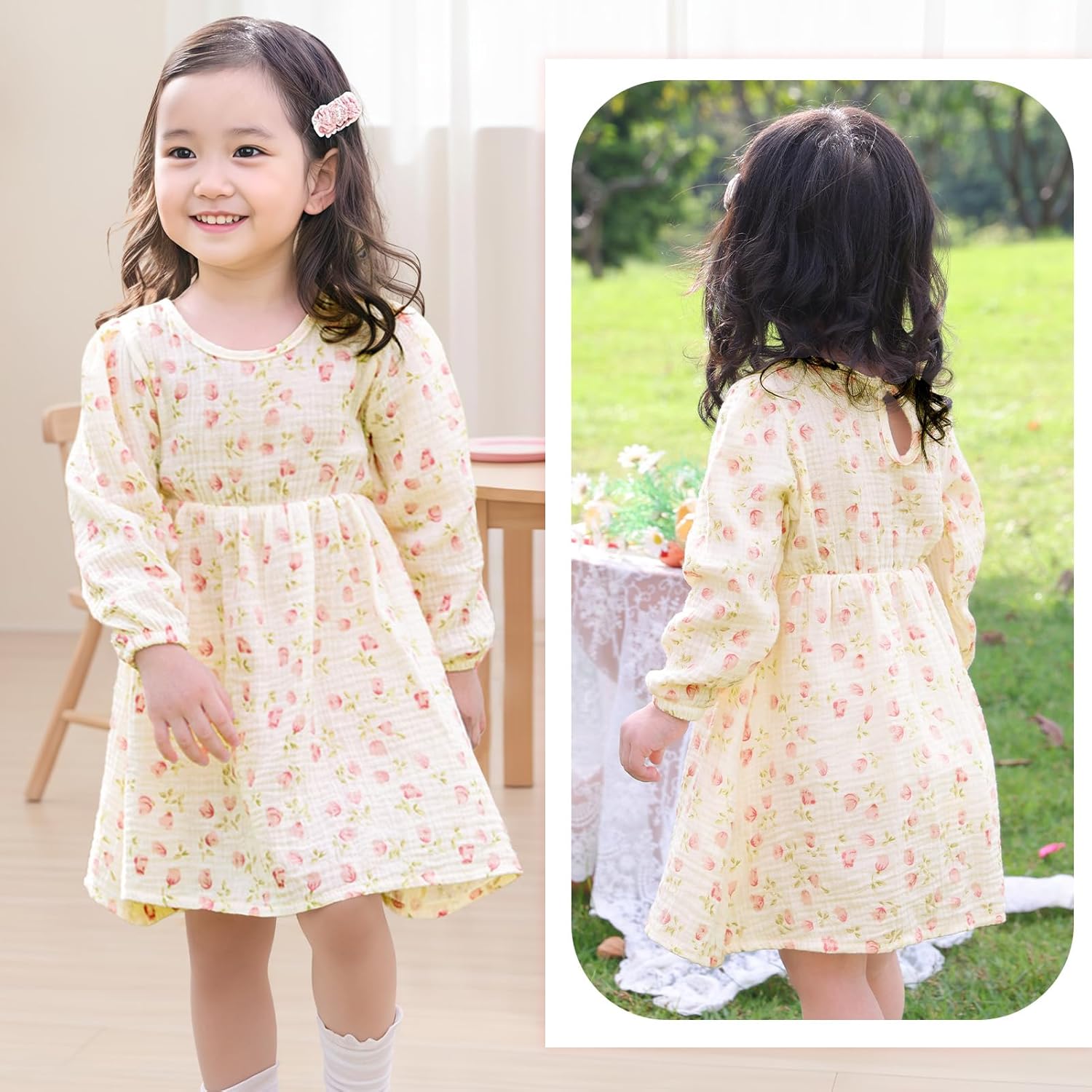 Beinou Toddler Fall Dress for Girls Long Sleeve Dress Baby Girls' Cotton Dresses Casual Spring Fall Outfits for Toddler - Image 6
