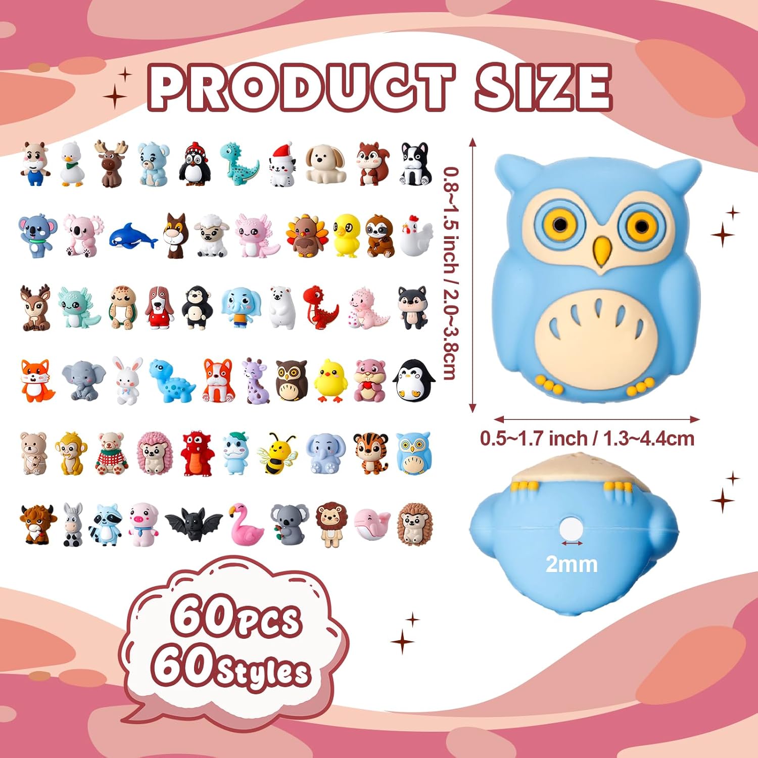 Ferreve 60 Pcs 3D Animal Silicone Focal Beads for Pens, Keychain Making, Focal Beads Bulk for Beadable Keychain DIY Crafts Bracelet Necklace Phone Chain Charms Jewelry Making (Cute Style)