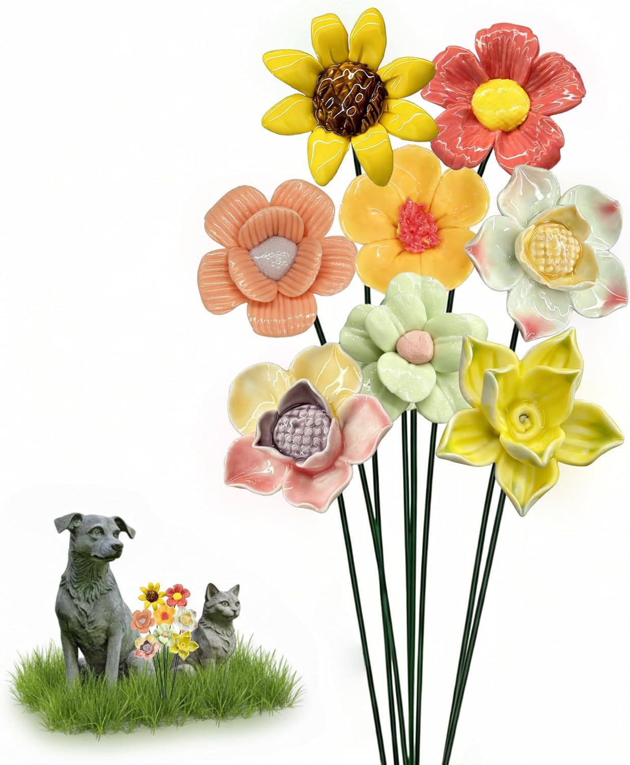 Ceramic Cemetery Flowers for Grave, Fade-Resistant Outdoor Pet Memorial Decor, Weatherproof Glazed Blooms for Dog Loss Sympathy Gift, 8 Multicolor Heads with Metal Stems, DIY Assembly