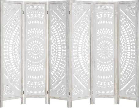 6 Panel Carved Wood Room Dividers - 6FT Folding Privacy Screen Room Divider - Freestanding Wooden Screen - Room Separation for Bedroom, Office, Restaurant - White