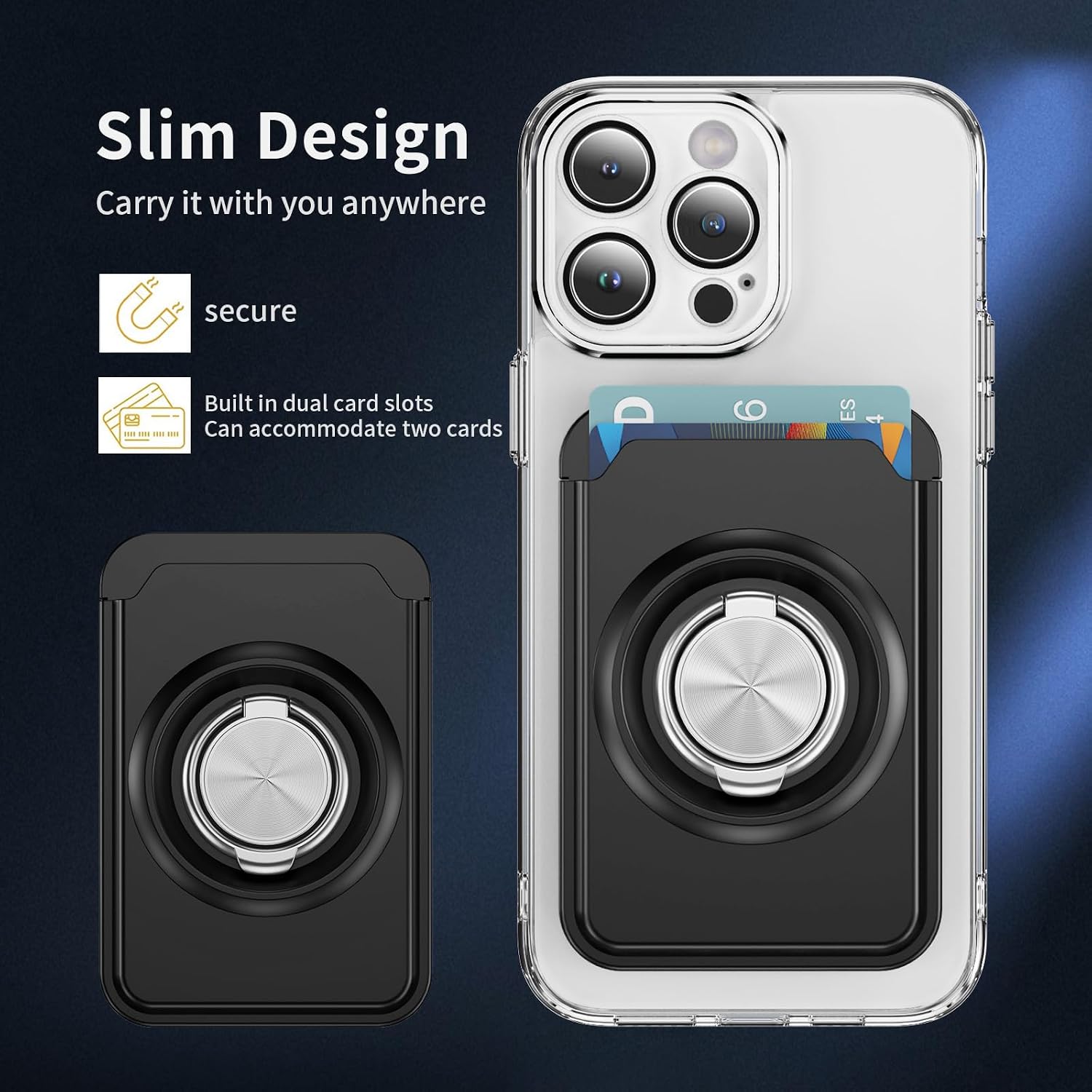 Adhesive Wallet Card Holder with Ring Stand. CH Black image 5