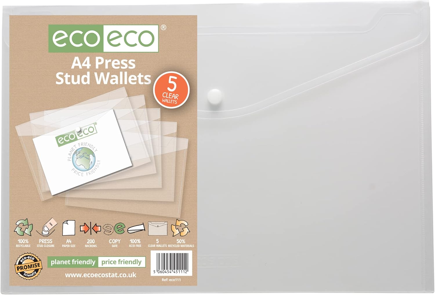eco-eco Stationery eco-eco A4 50% Recycled Clear Transparent Press Stud Popper Wallet, Plastic Folders… - Image 3