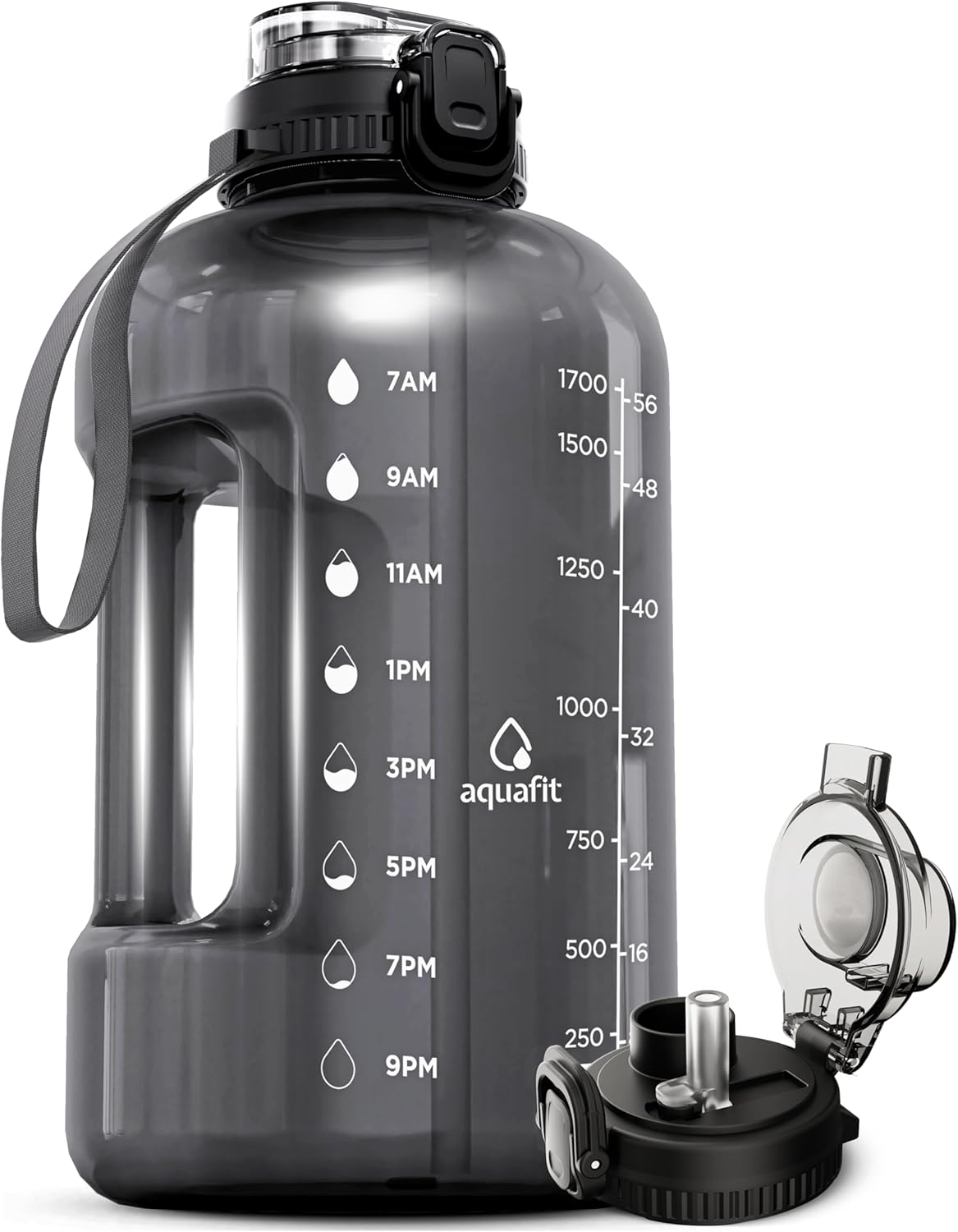 AQUAFIT 64 oz Water Bottle with Time Marker – Straw & Chug Lid – BPA Free Huge Water Bottle with Straw – Health club Water Bottle with Deal with – Gallon Water Jug (64 Ounces, Grey)