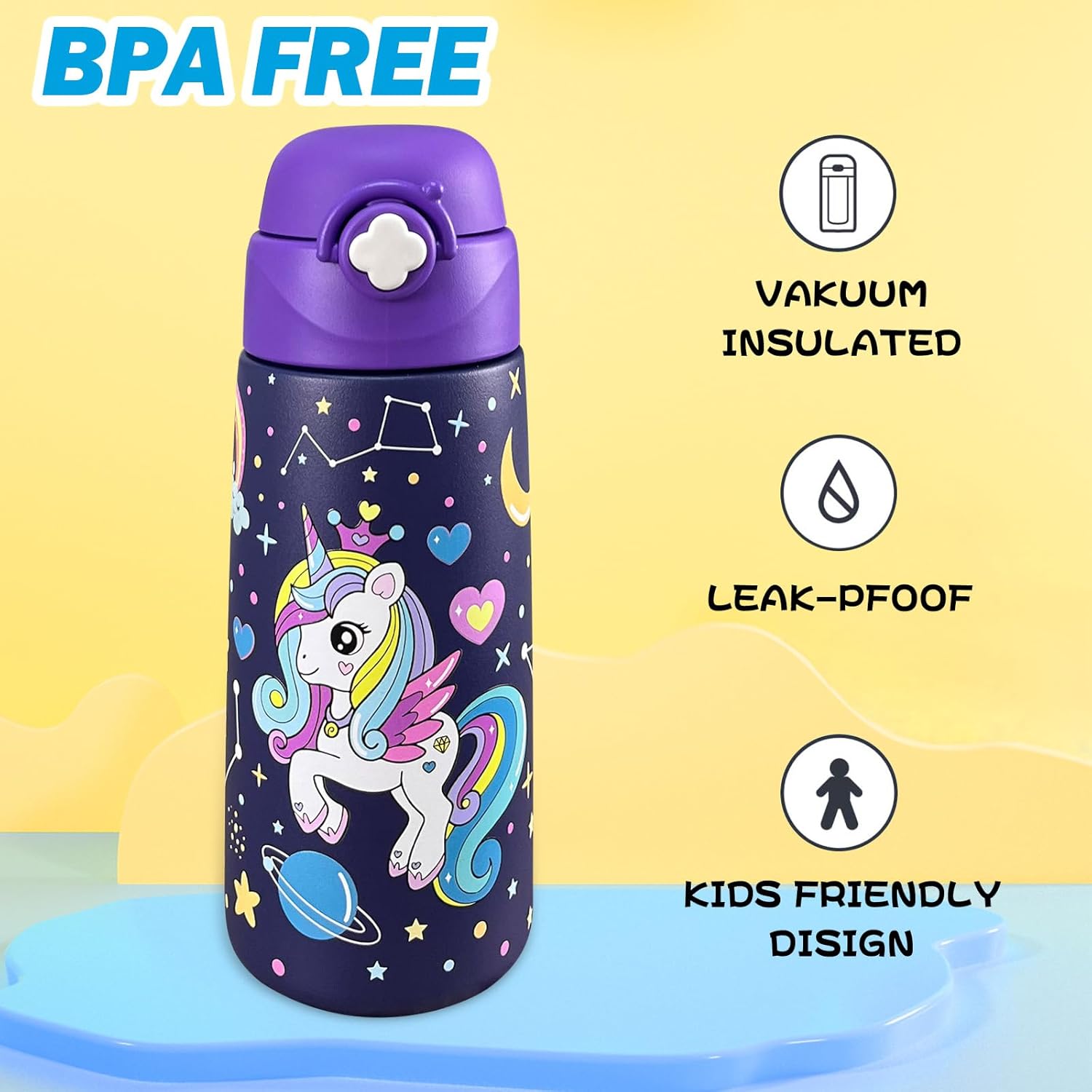 Girls Insulated Water Bottle with Covered Pop-Up Straw,16 oz Kids Cups with Stainless Steel Leak Proof for School（Unicorn-Purple） - Image 3