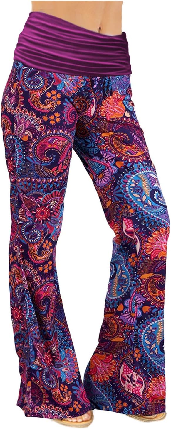 Gracyoga Women's Comfy Pajama Pants Wide Leg Lounge Palazzo Yoga Pants Stretch Casual Floral Print Fold Waist Pants