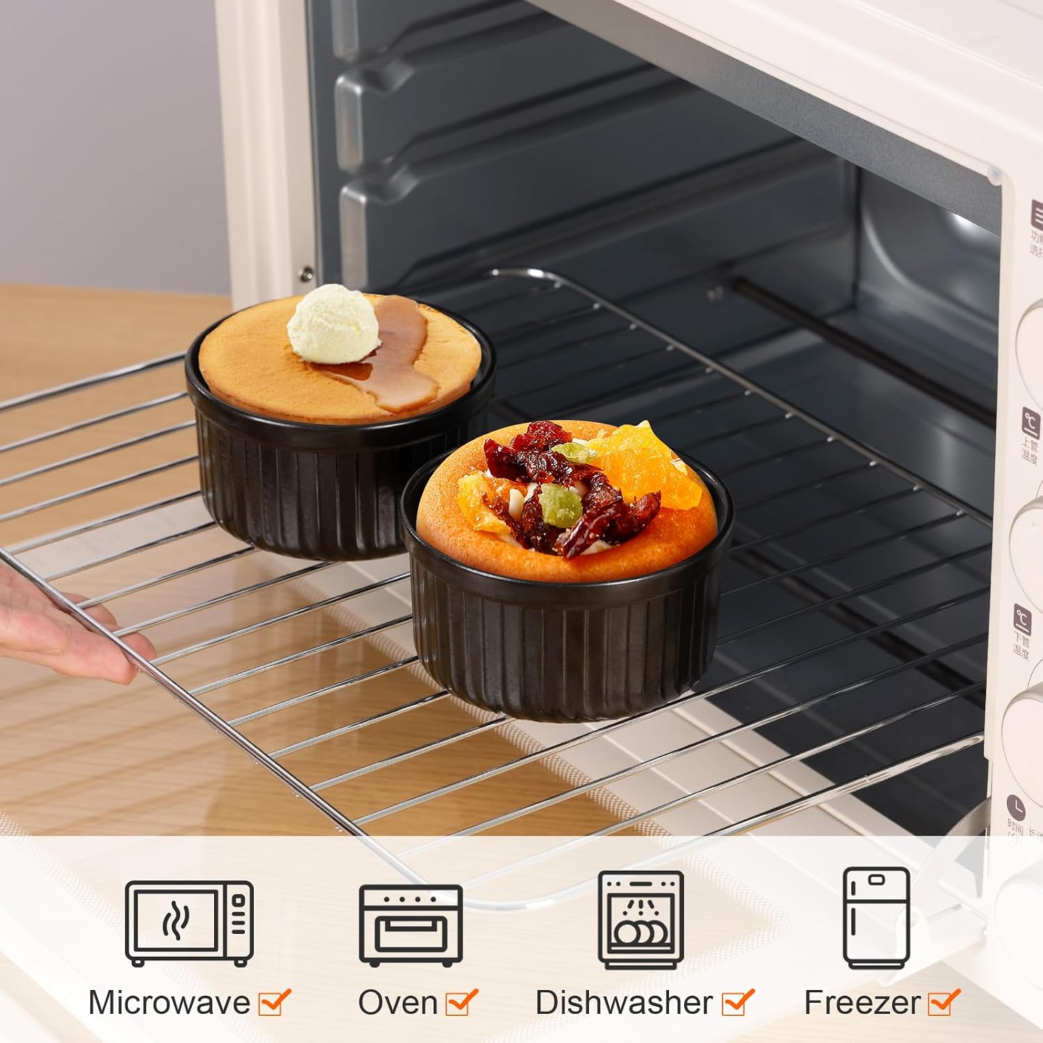 Yachi Ramekins Black, 4 oz 6 Pieces Ceramic Baking Ramekin Set of 6 Stoneware Bakeware Serving for Sauces Dipping Onion Soup Lava Cake Flan Creme Brulee Kit Pudding Mini Custard Ramekins Oven Safe Mini Custard Cups small Bowls for Souffle Merry Christmas