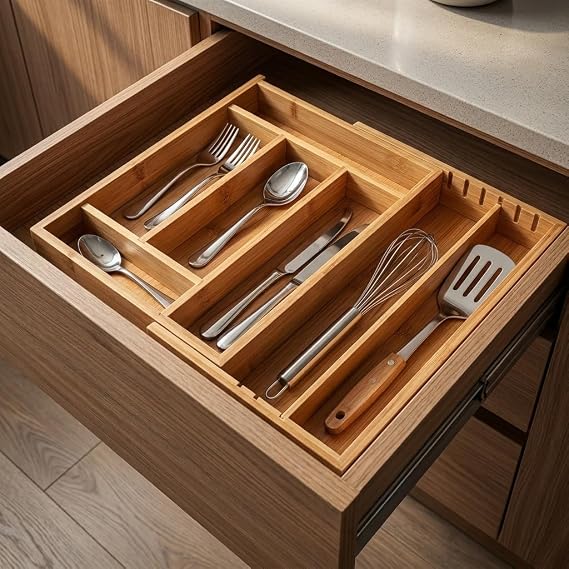 Deconox Ayarlanabilir Bambu Kaşıklık ve Çekmece İçi Organizer - 5-7 Bölmeli Genişleyebilir Çatal Bıçak Düzenleyici (39.4 x 24 x 6.4 cm)