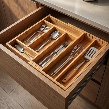 Deconox Ayarlanabilir Bambu Kaşıklık ve Çekmece İçi Organizer - 5-7 Bölmeli Genişleyebilir Çatal Bıçak Düzenleyici (39.4 x 24 x 6.4 cm)