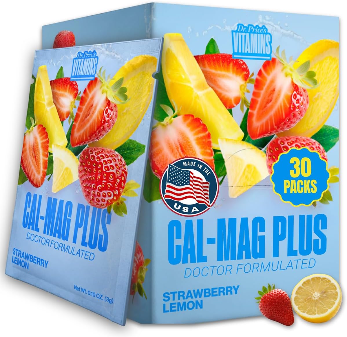 Dr. Price's Vitamins Cal-Mag Vites Calcium Magnesium Powder for Men and Women | K, D, Mineral Supplement | Natural Calming Stress Relief Drink | Strawberry-Lemon 30 Packets | , No Sugar Non-GMO