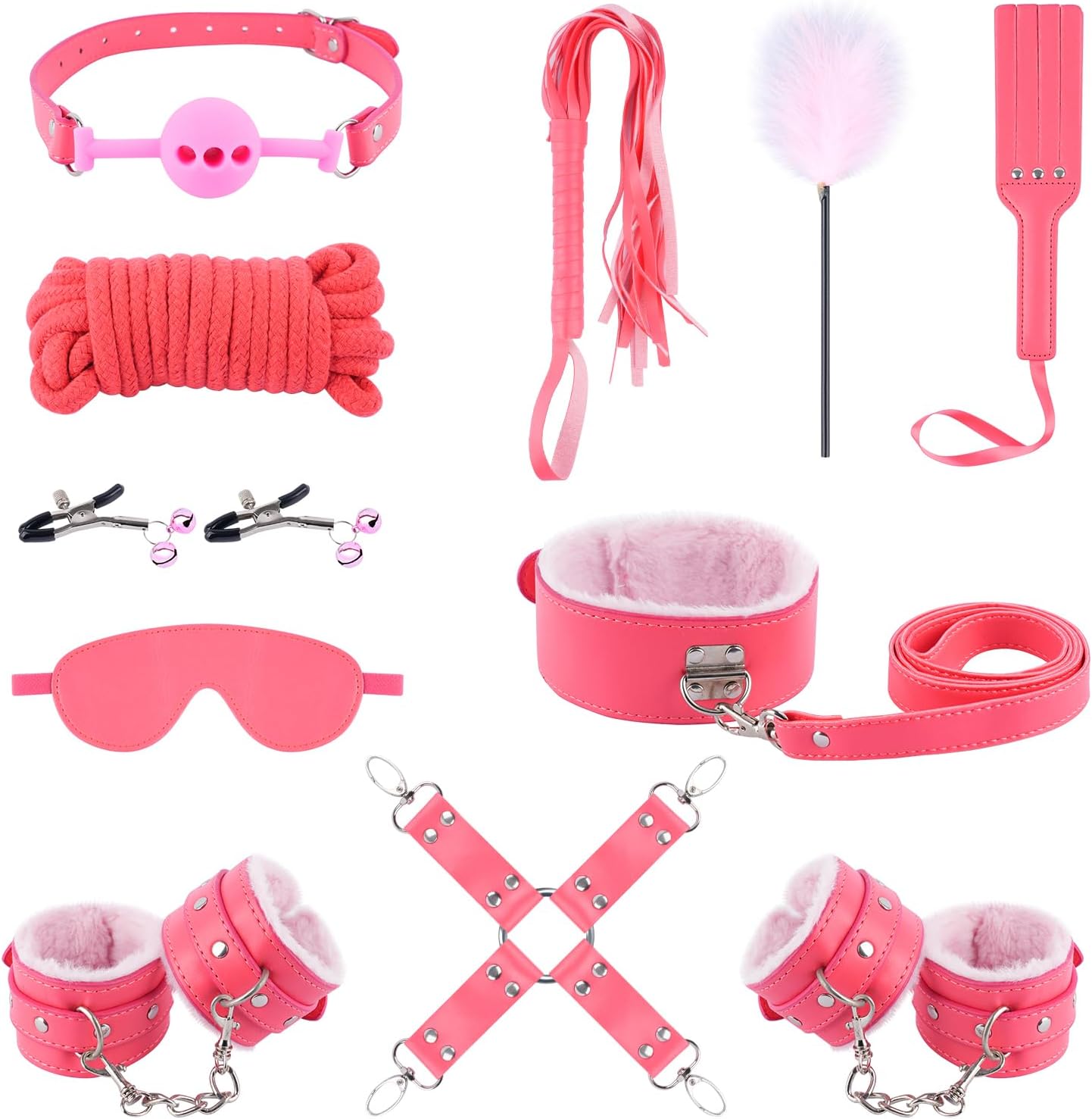 Sex Bondage BDSM Kit Restraints Set with Adjustable Handcuffs Ankle Cuffs Callor Silicone Gag | Bondage Gear & Accessories for Couples Kinky, Adult Toys for Sex Games & Exploration (11PCS Pink)