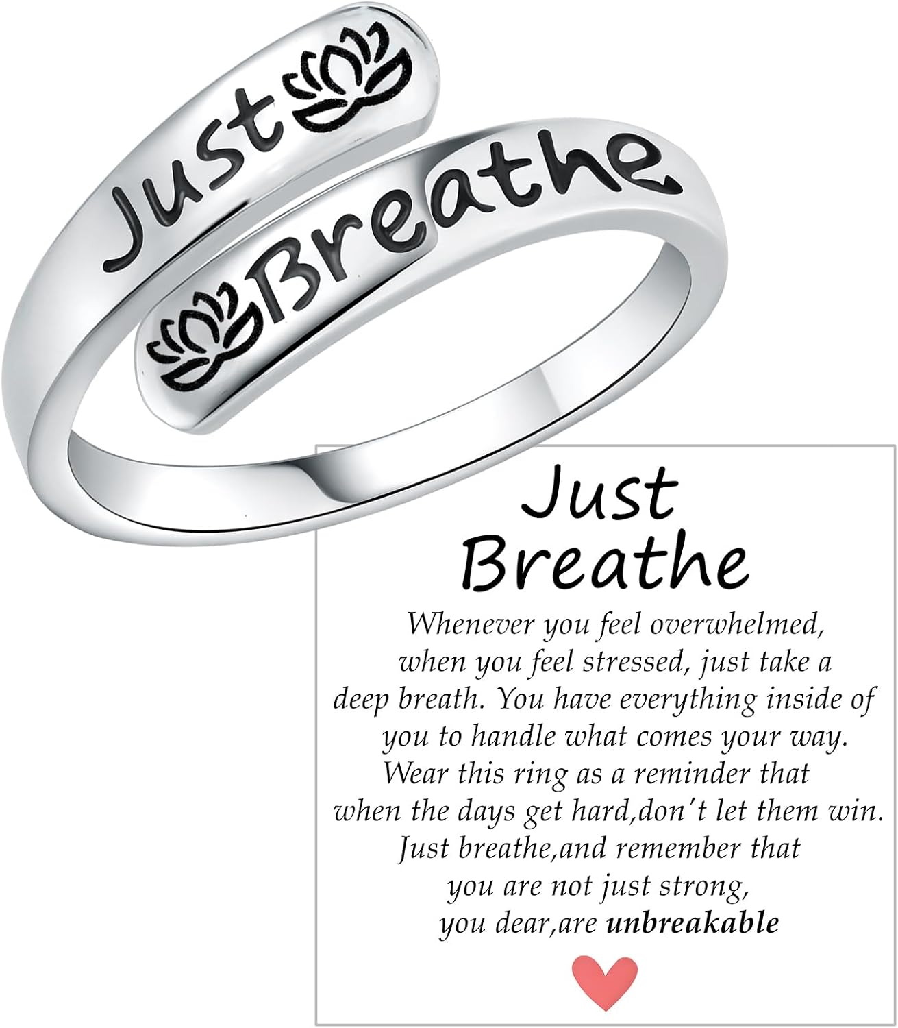 925 Sterling Silver Lotus Just Breathe Ring for Women Adjustable Hope Inspirational Jewelry Encouragement Gifts