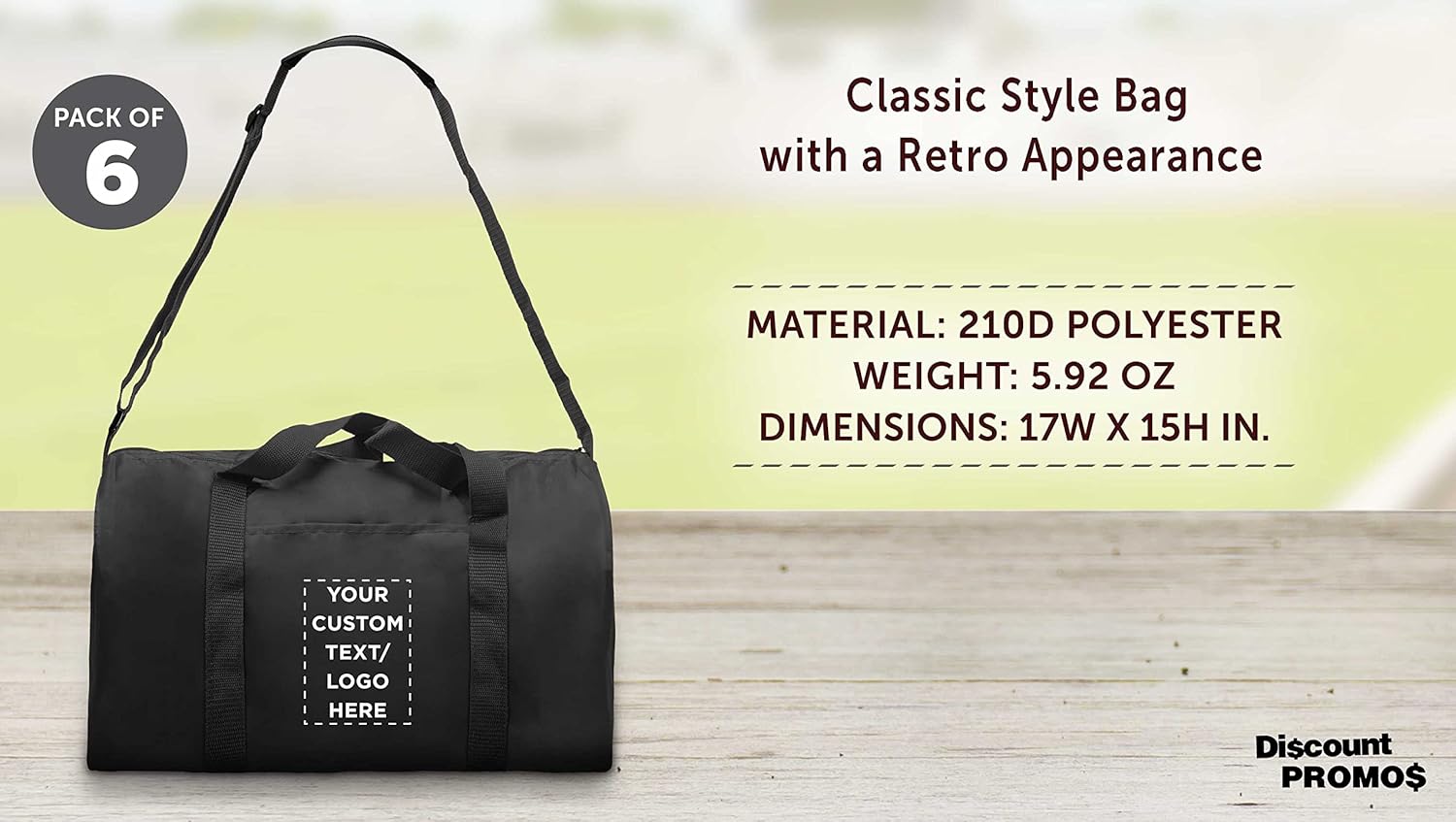 6 Sporty Duffle Bags Set - Customizable Text, Logo - Polyester, Adjustable Strap, Front Pocket, Roll Styling - Black