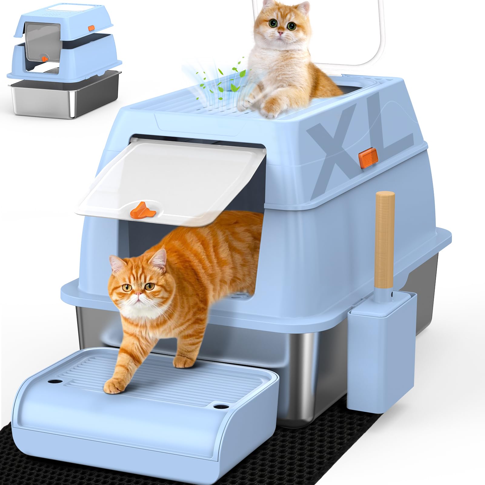 SZEE XL Stainless Steel Litter Box with Lid, Extra Large Metal Covered Litter Box, Stainless Box Easy Clean, Activated Charcoal Odor Control Design, Includes Litter Scoop & Mat & Step, Blue