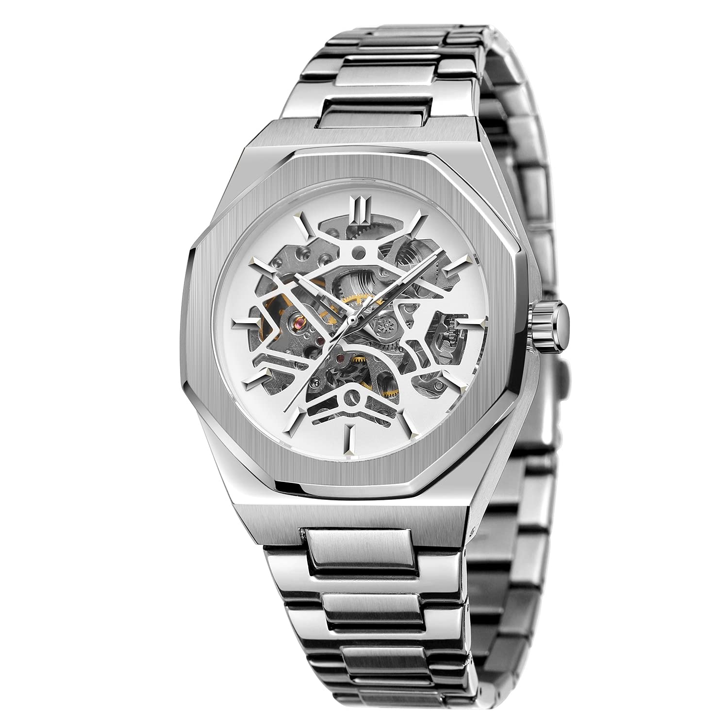 Mechanische Skelett-Uhr für Herren, automatisches Selbstaufziehendes offenes Herz-Design, Edelstahlband, Premium-Skelett-Uhr für lässige und formelle Kleidung