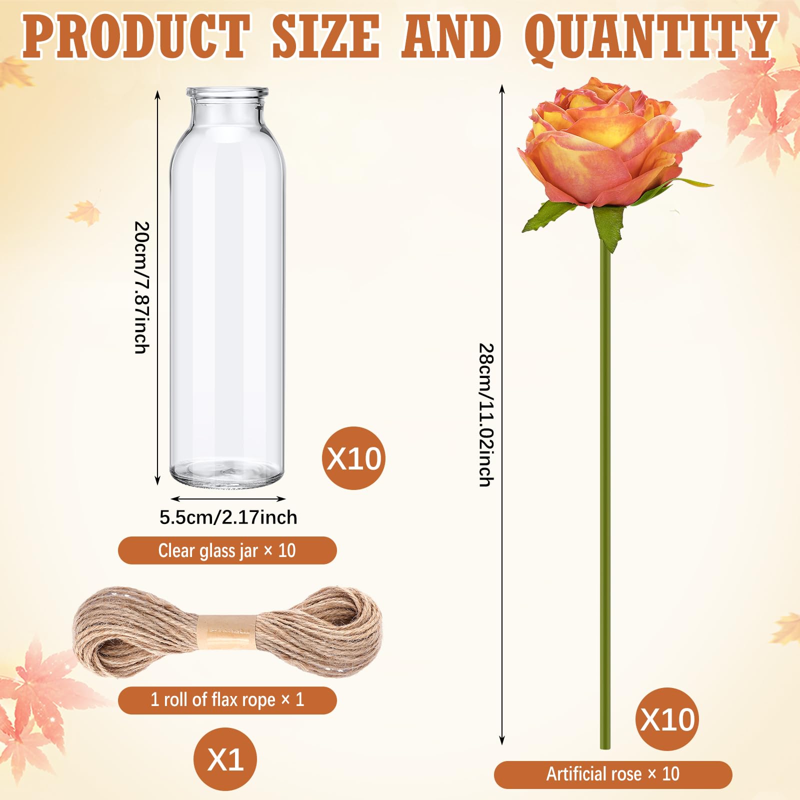 Qinyoung Lot de 10 herbes de la pampa séchées pour mariage, fête prénatale, fête, 10 pots de fleurs en verre, 10 roses artificielles, 80 herbes de pampa séchées avec corde pour décoration rustique de