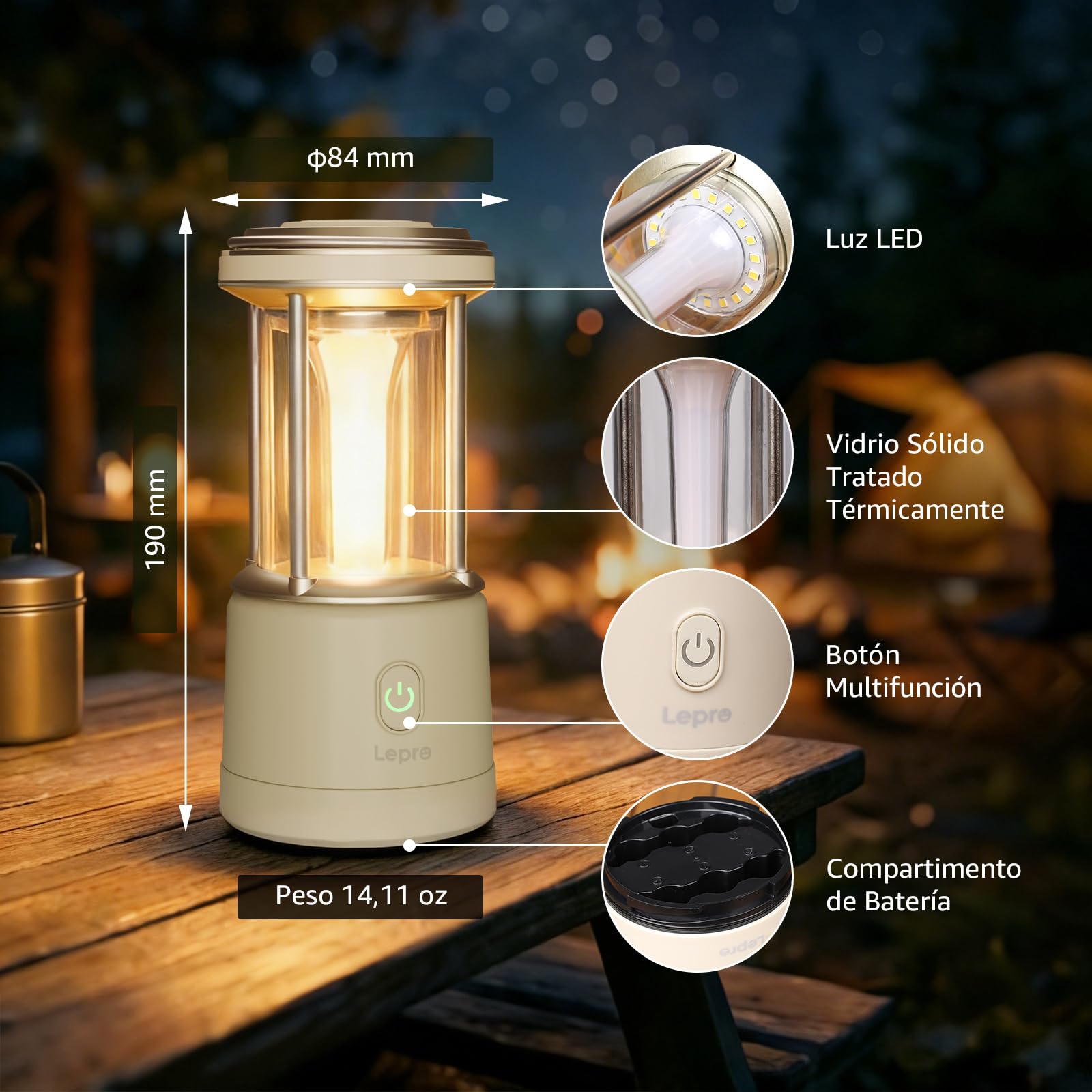 Lepro Linterna de Cámping, Luz de Cámping Pilas 1100 LM, 5 Modos Regulable, Luz Blanca Cálida y Fría, IPX4, Farol para Corte de Luz, Tienda de Campaña, Pesca y Emergencia, Blanca, Pilas No Incluidas