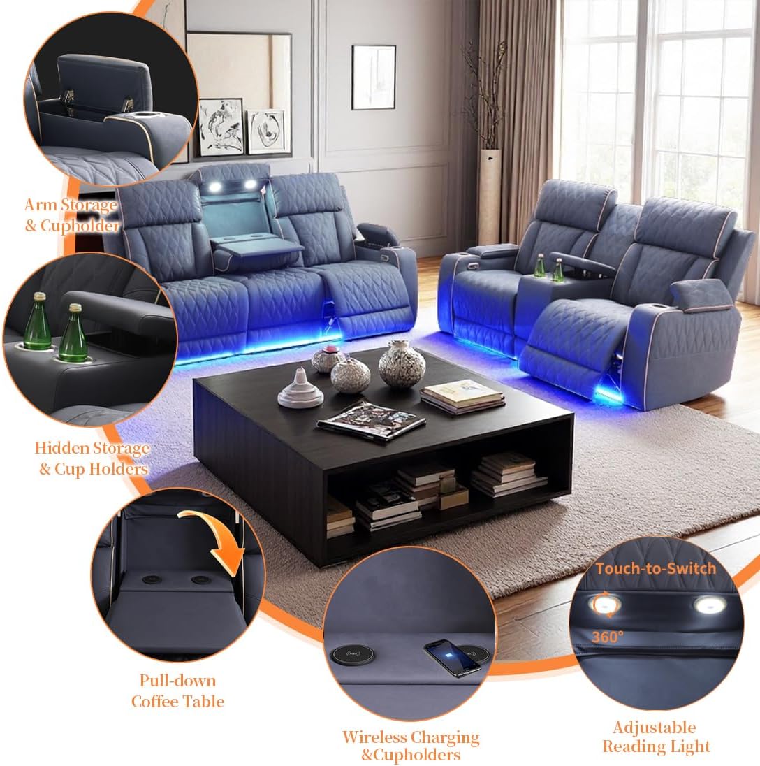 Power Reclining Sofa Couch Set with Drop-Down Table, 3PC Blue Grey Leather Recliner Couch Sets, Living Room Furniture Sets, Recliner Sofa with Storage Console/Cup Holder for Home/Apt/Office