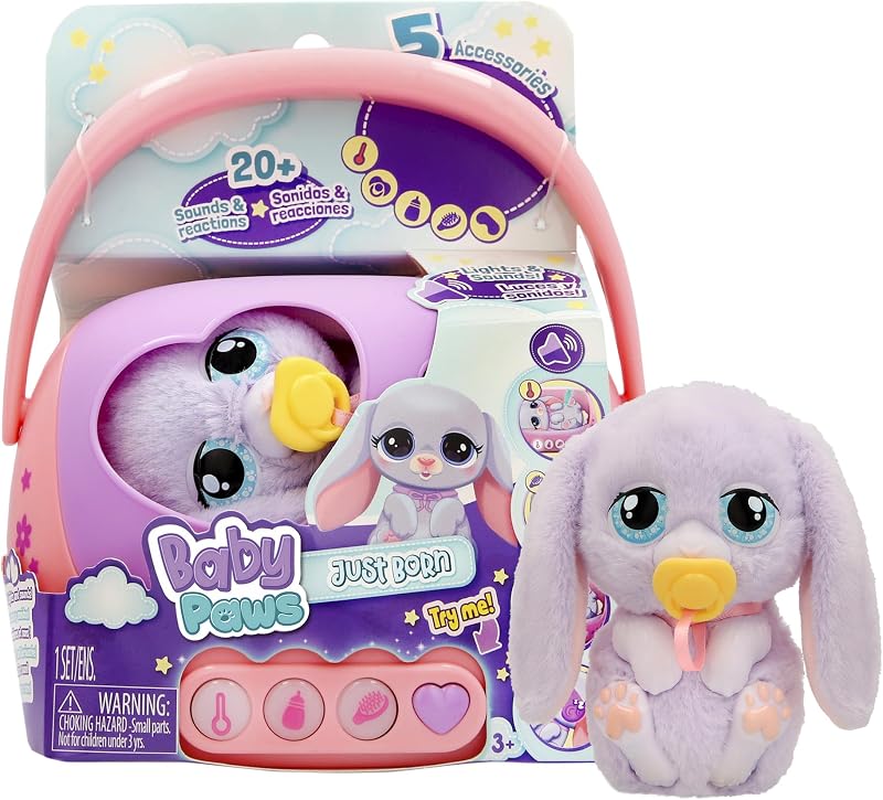 Baby Paws Just Born Conejito Mascotas INTERACTIVAS Mascota con Un Transportín Electrónico con Muchas Funciones A Partir de 3 Años