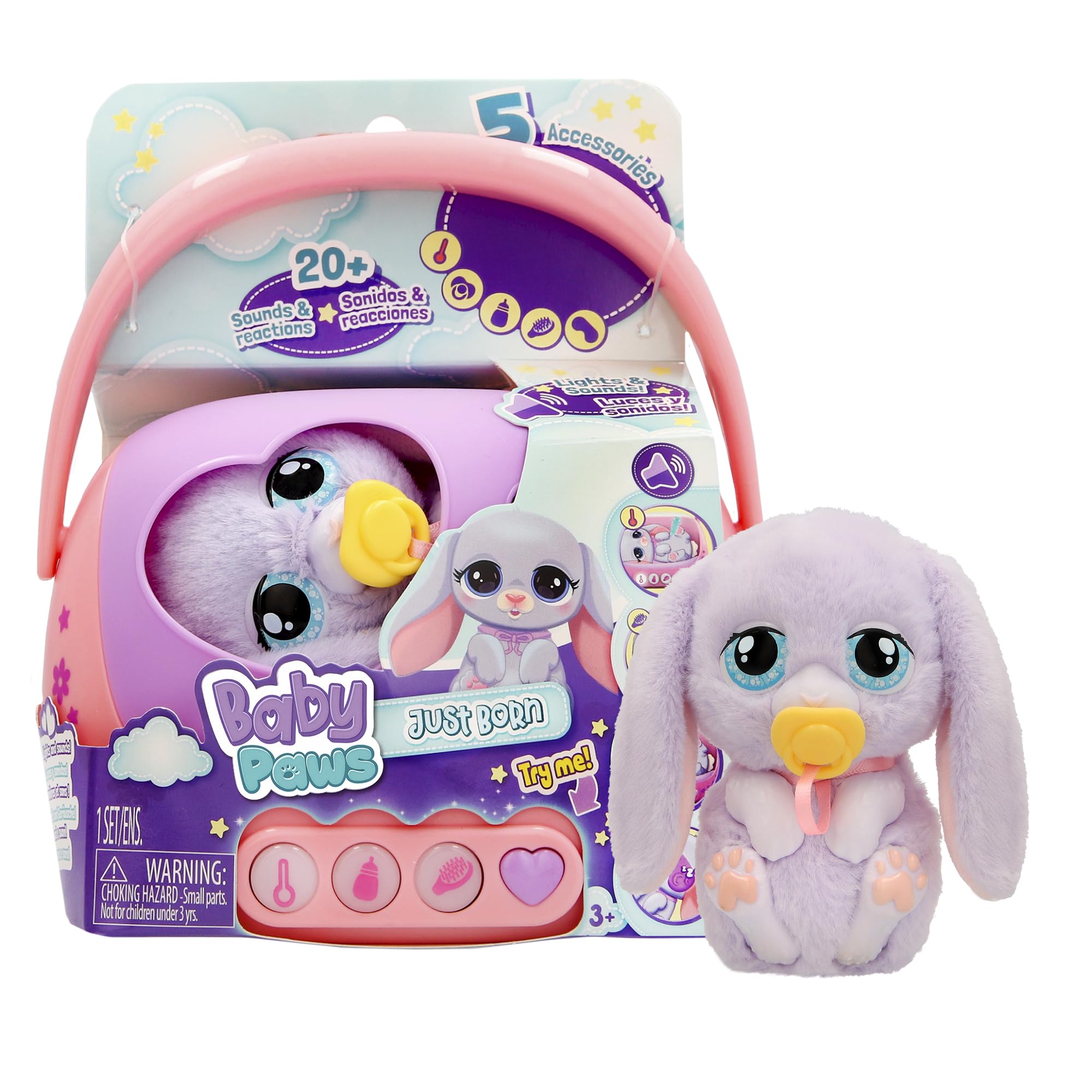 Baby Paws Just Born Conejito Mascotas INTERACTIVAS Mascota con Un Transportín Electrónico con Muchas Funciones A Partir de 3 Años